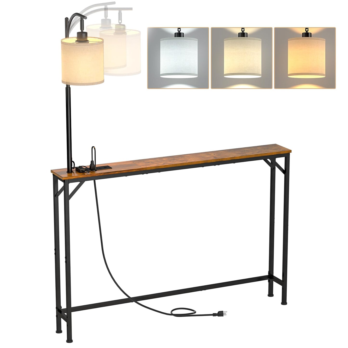 keomaisyto Skinny Console Table with Outlet, Narrow Sofa Table with 3-Color Light, Behind Couch Table with 3 Color Temperatures Led Bulb for Living Room, Bedroom, Entryway, Hallway