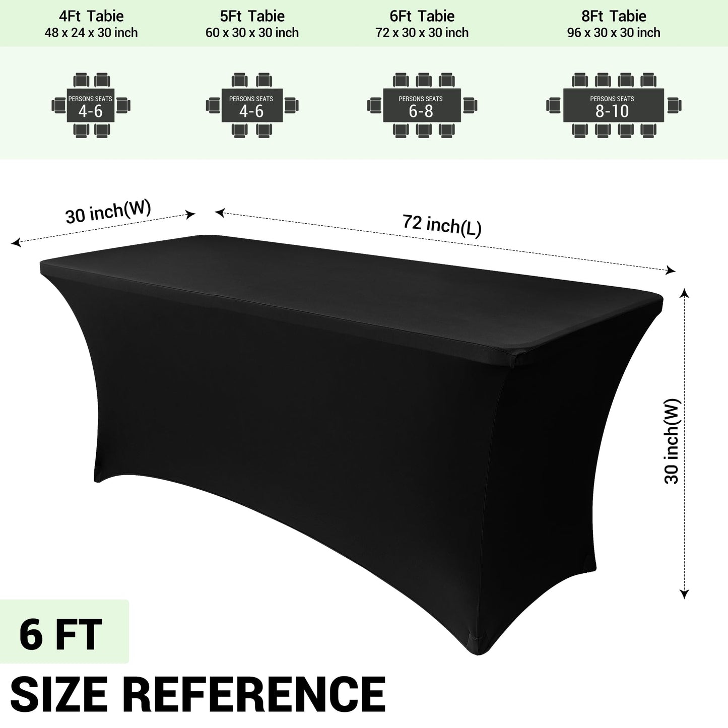 Obstal 6 Pack Stretch Spandex Table Covers for 6 Foot Tables - 6 FT Universal Rectangular Fitted Tablecloth Protector for Wedding, Banquet, Party (Black, 72 Length x 30 Width x 30 Height Inches)
