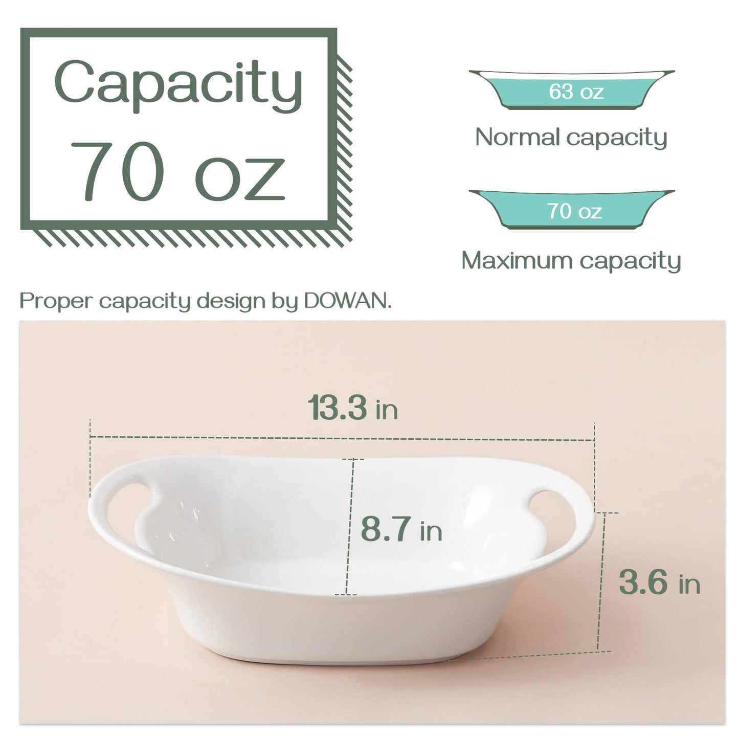 DOWAN Large Serving Bowls with Handles, 2 Quarts Oval Serving Platter for Turkey, Fruit Salad Serving Dishes for Entertaining, Porcelain Pasta Bowls for Mother's Day, Parties, Set of 2, White