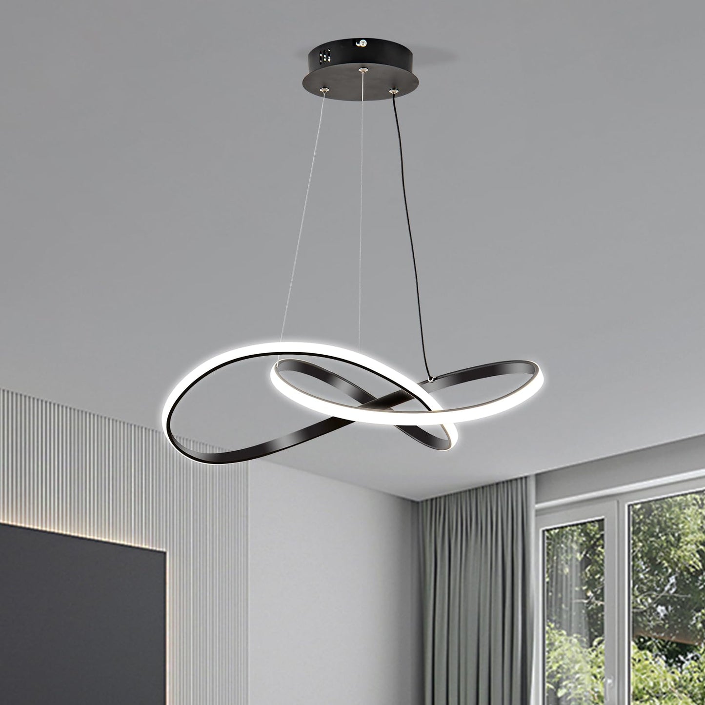 Viruhaka Modern LED Pendant Light Fixture，Black Contemporary Ceiling Hanging Fixture with Irregular Ring Lights for Dining Living Room Bedroom Kitchen Island Cafe（4000K，Neutral Light ）