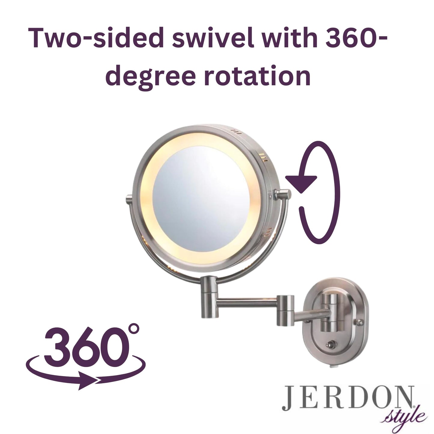 JERDON Two-Sided Wall-Mounted Makeup Mirror with Halo Lighting - Lighted Makeup Mirror with 5X Magnification & Wall-Mount Arm - Plug in Round Mirror with Nickel Finish Wall Mount - Model HL65N