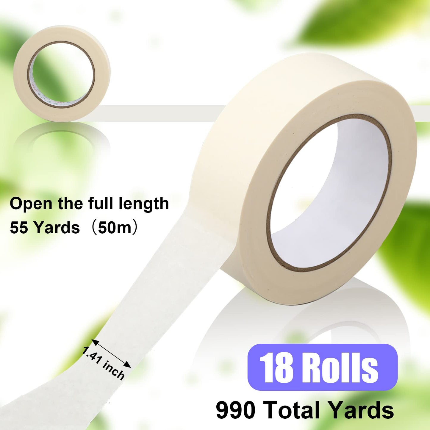 Fainne 18 Rolls Masking Tape Bulk 1.41 Inch Beige Wide Thin White Color Painters Tape for Painting Home Office School Stationery, 1.41 Inches x 55 Yards