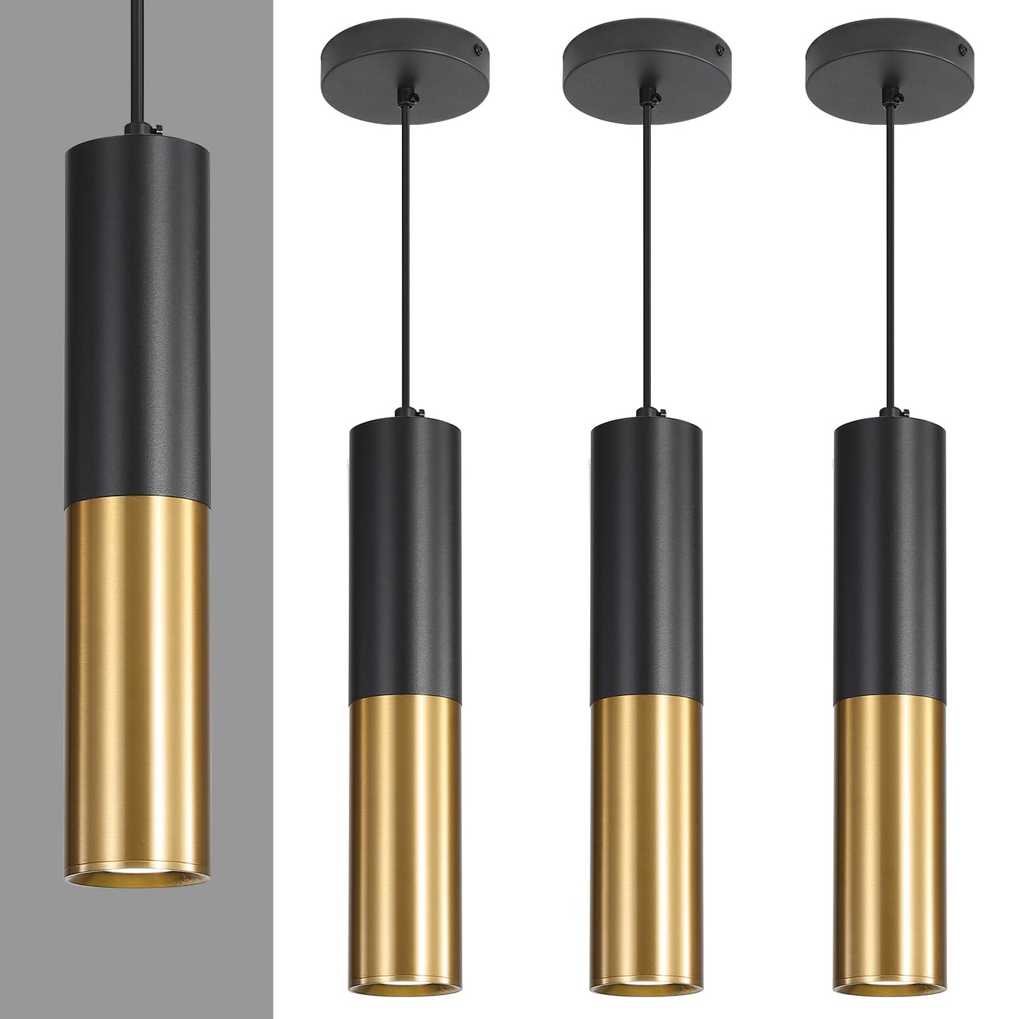 Daoseolo 3 Pack Modern Black and Gold LED Pendant Lights, Minimalist Linear Hanging Light, 3 Color 2700K/4500K/6500K, Ceiling Mount Pendant Lamp for Kitchen Island, Dining Room, Bedroom, Bar, Cafe