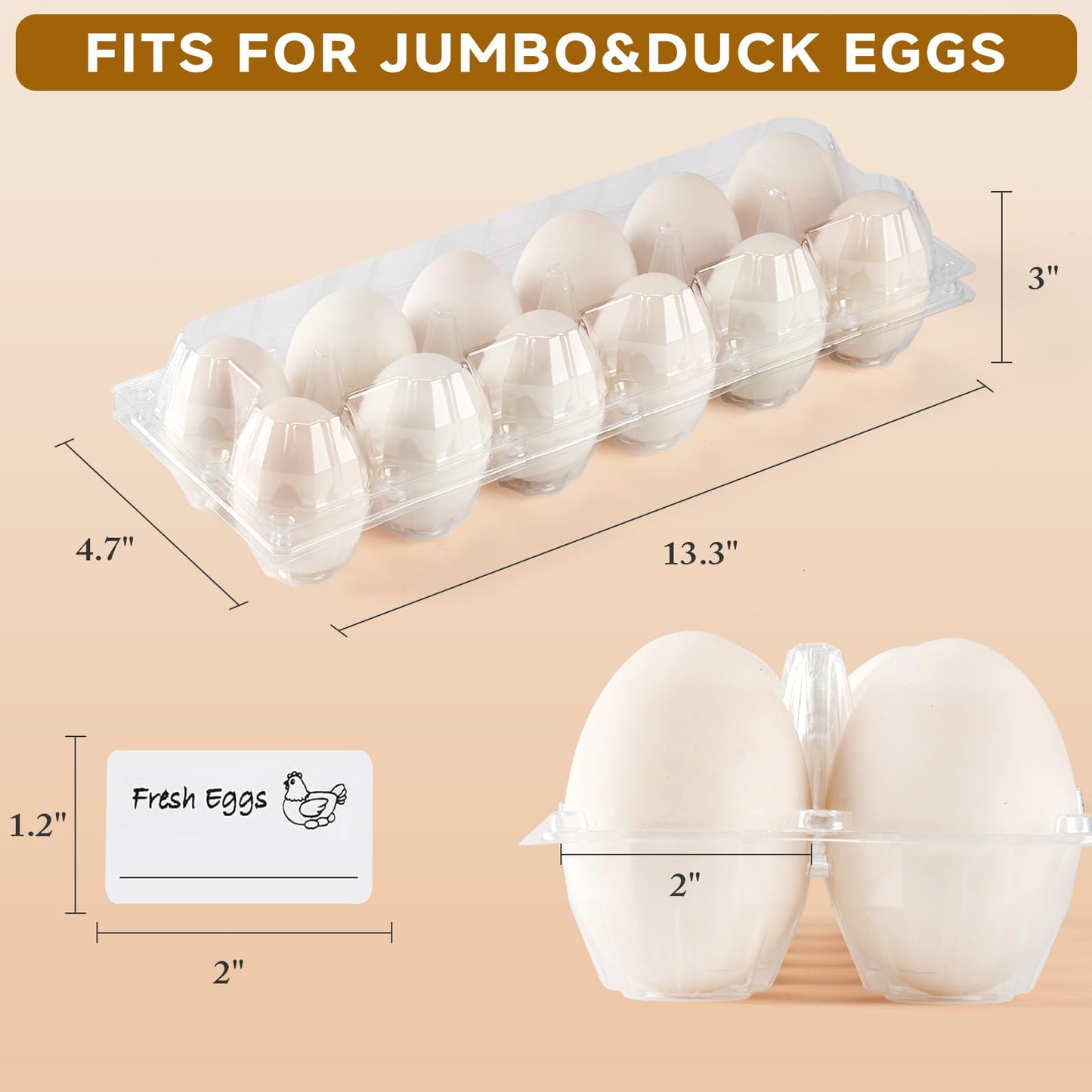 YIFIHGE 60 Pack Duck Egg Cartons Jumbo Egg Cartons Cheap Bulk with Sticker Labels Clear Empty Plastic Egg Containers Extra Large for Home Ranch Farm Commercial Market Display, 2×6 Grids