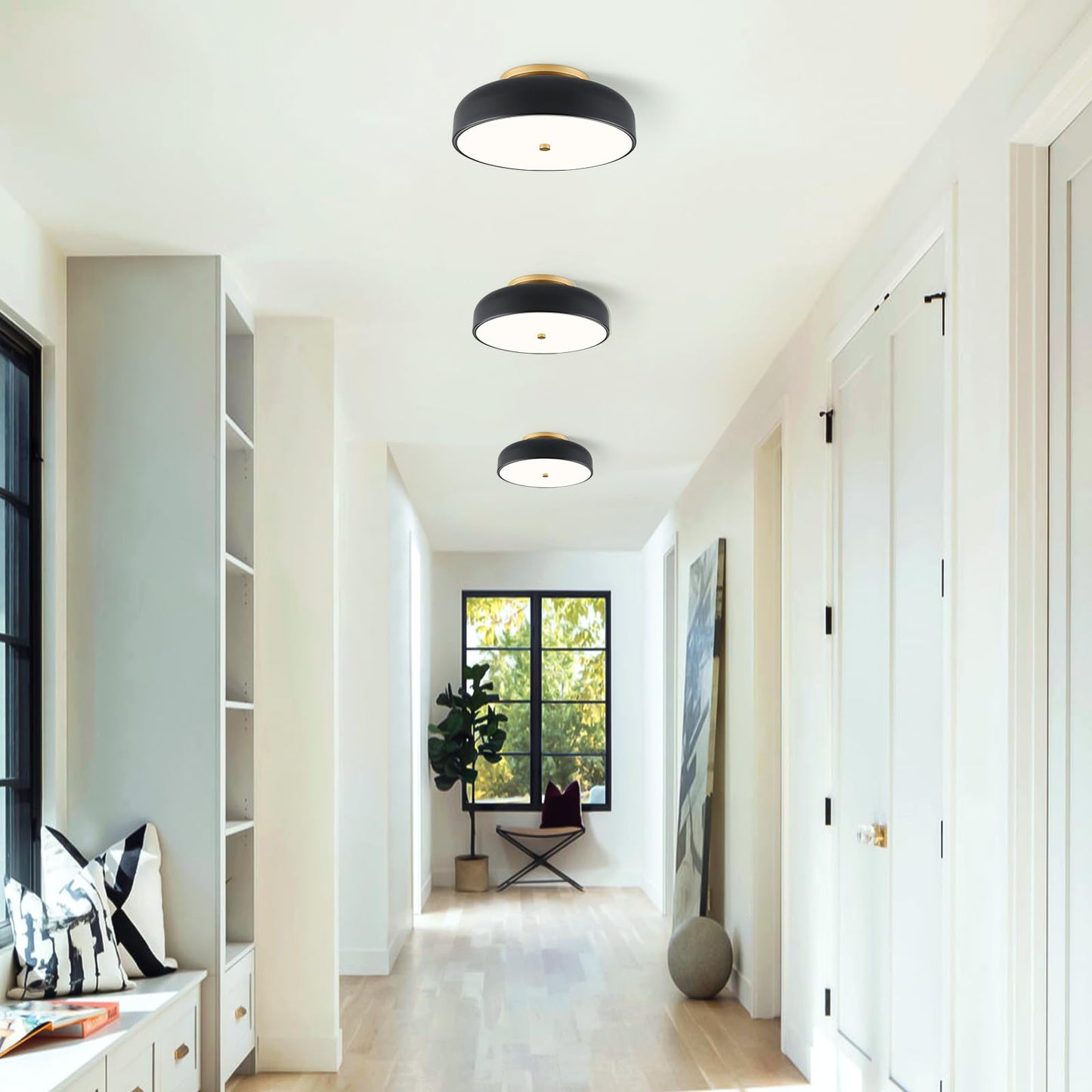 ONESMING Dimmable LED Ceiling Light Fixture, 2700K-6000K 5CCT Modern Mid-Century Semi Flush Mount Ceiling Light, Black Close to Ceiling Lamp for Kitchen, Laundry Room, Bedroom, Hallway, 11.8in