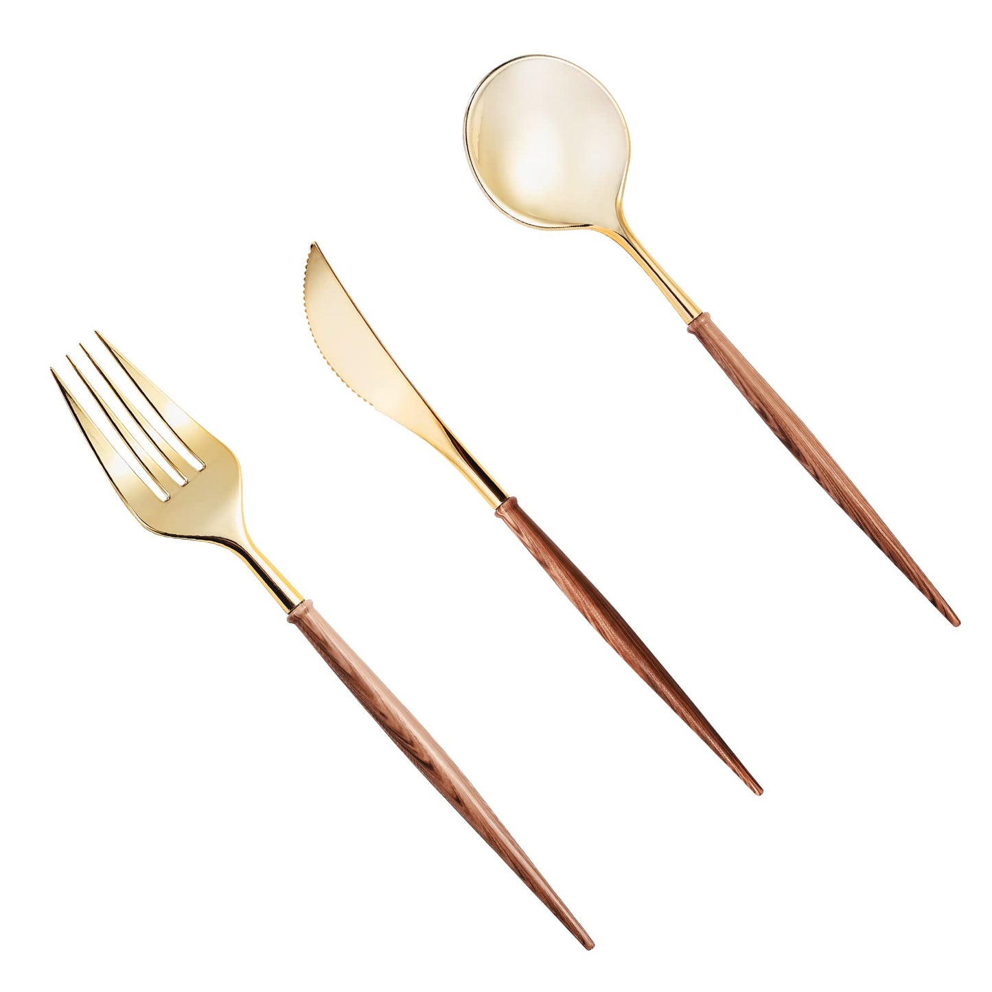 Lullaby 240PCS Gold Plastic Silverware, Gold Disposable Cutlery with Wood Grain Handle Include 80 Forks, 80 Spoons, 80 Knives, Elegant Disposable Silverware for Wedding, Party, Gathering, Daily Use