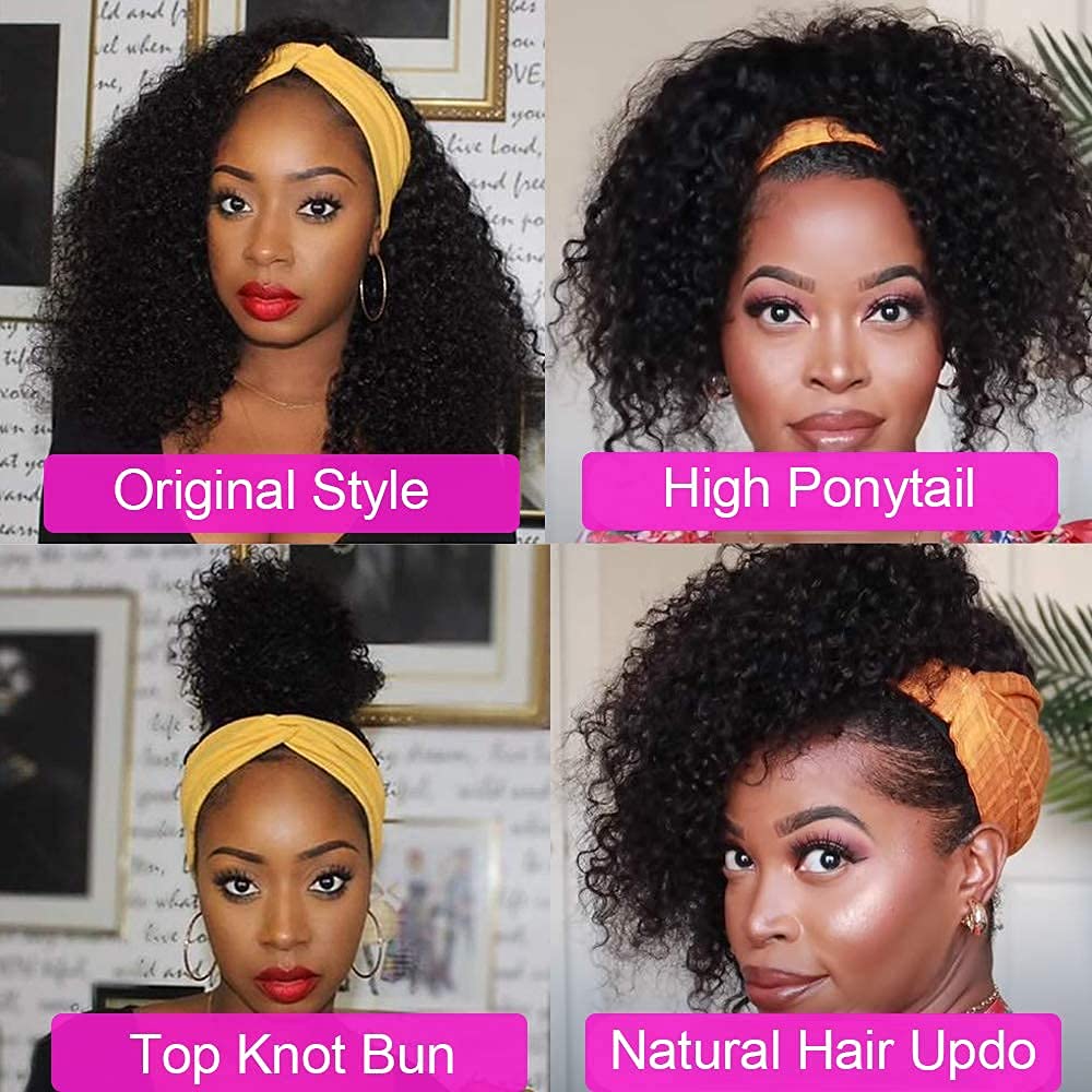 Rebasar Deep Wave Headband Wig Human Hair 14 Inch Curly Headband Wigs for Black Women Human Hair Glueless None Lace Front Wig Brazilian Virgin Hair Wear and Go Wigs 150% Density Natural Black Color