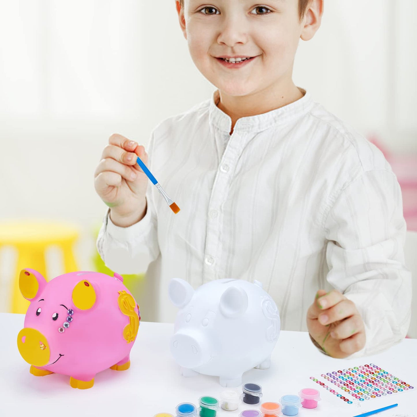 WEBEEDY Paint 2 Unbreakable Piggy Banks Money Box Craft Kit with 2 Paintbrushes, 12 Paint Colors and Stickers