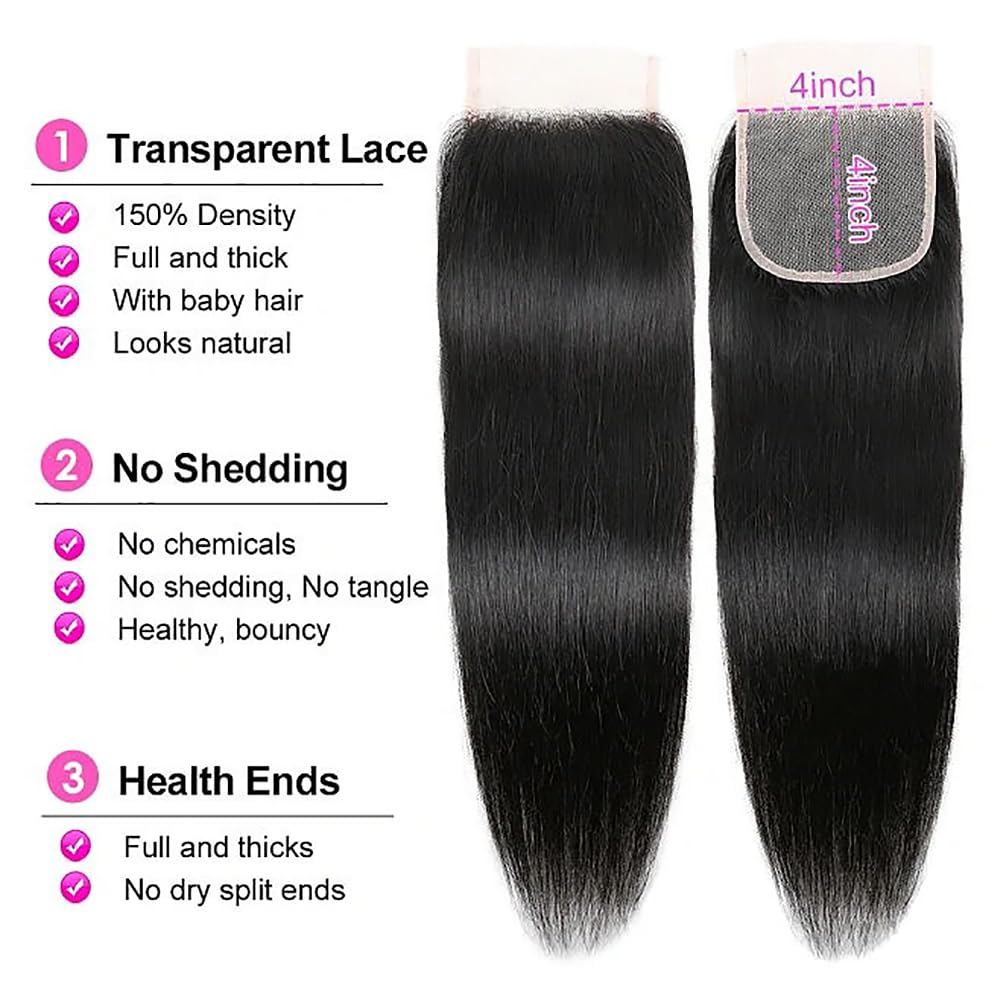 Mstoxic 4X4 Straight HD Lace Closure Human Hair Extensions 12A Brazilian Virgin Remy 100% Unprocessed Human Hair Frontal Free Part Closure Only Pre Plucked With Baby Hair Natural Black 14 Inch