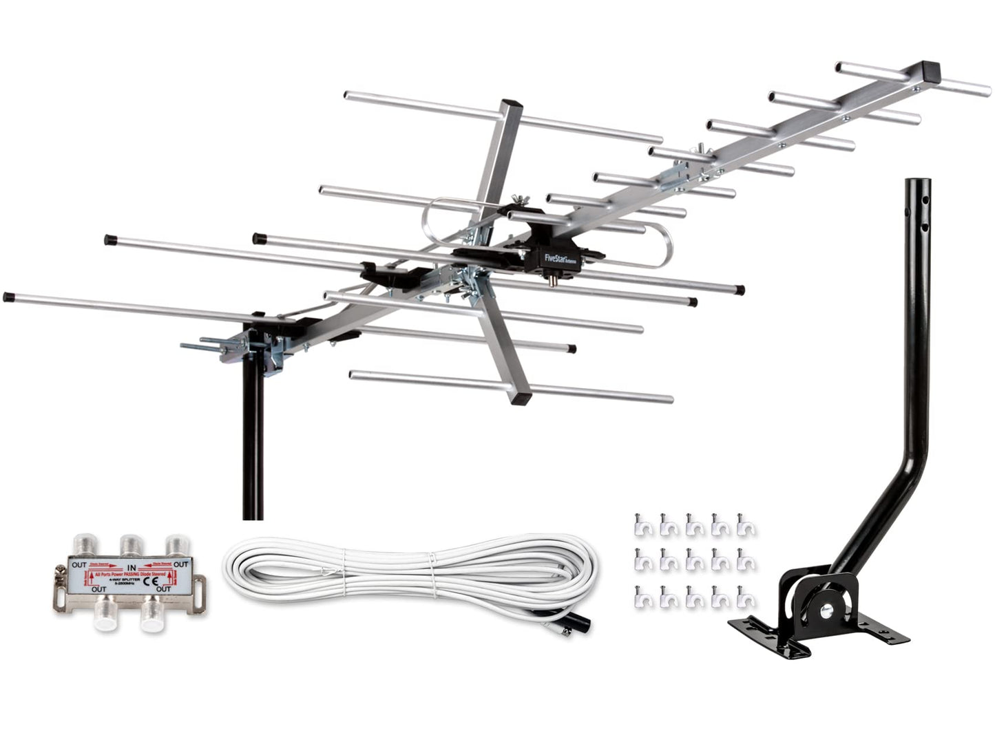 Five Star Yagi Satellite HD TV Antenna up to 200 Mile Long Range, Attic or Roof Mount Digital OTA TV Antenna for 4K Supports 4 TVs Installation Kit & Mounting Pole, Radio/FM Antenna