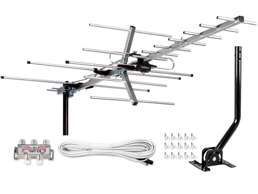 Five Star Yagi Satellite HD TV Antenna up to 200 Mile Long Range, Attic or Roof Mount Digital OTA TV Antenna for 4K Supports 4 TVs Installation Kit & Mounting Pole, Radio/FM Antenna