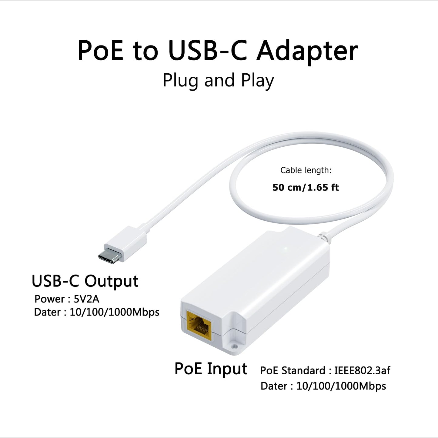 Gigabit PoE to USB C Converter for Smart Phone/Tablet, USB-C to Ethernet Adapter with 10W Charging, Power & Data 2-in-1 RJ45 Port to Type-C Adapter, 10/100/1000Mbps High Speed Plug & Play,IEEE802.3af