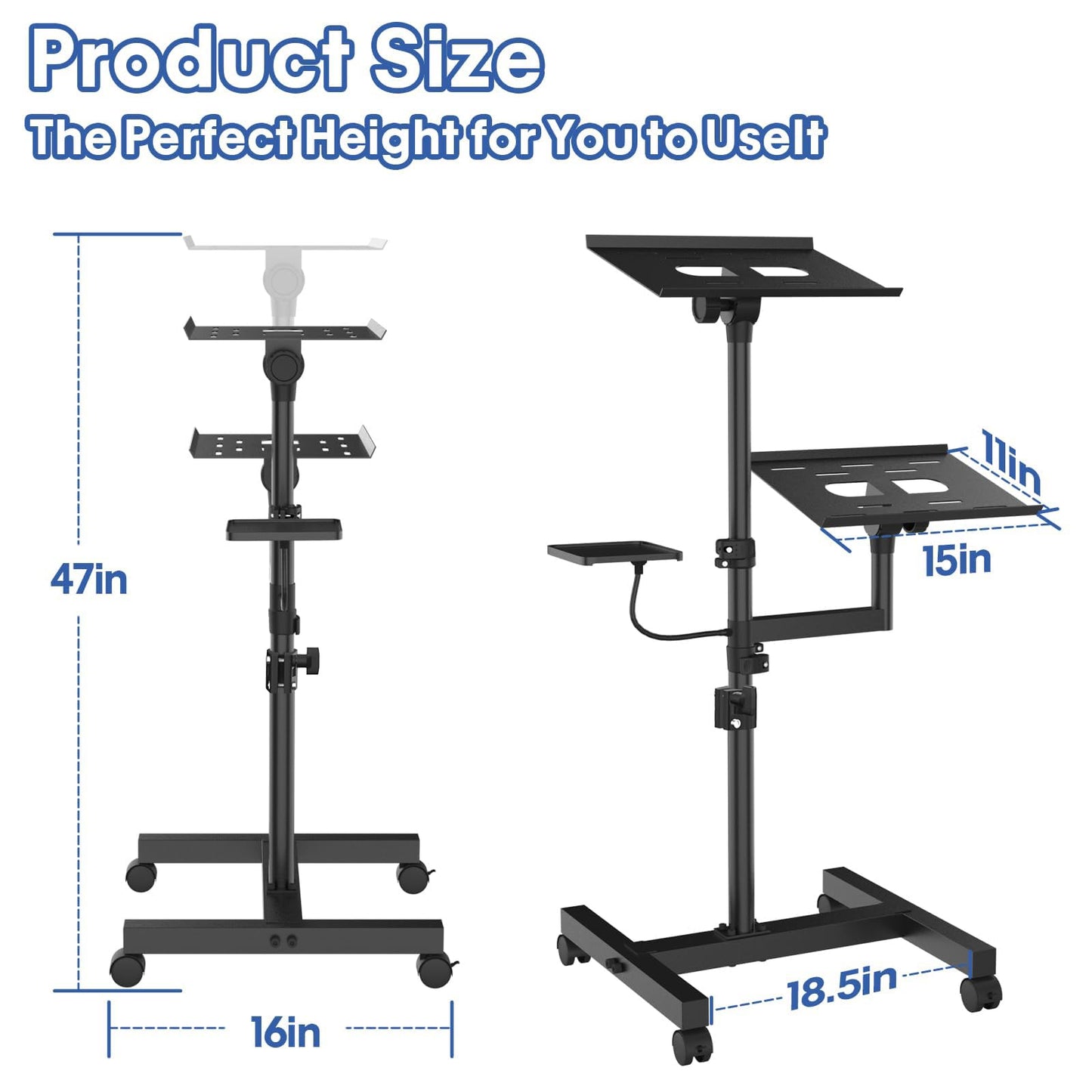 GSOW 2 Shelves Projector Stand, Height Adjustable to 47 Inches, Mobile Laptop Cart on Wheels, Heavy Duty Projector Tripod Stand, Rolling Laptop Floor Stand for Bedside, Office, Home, Game Room