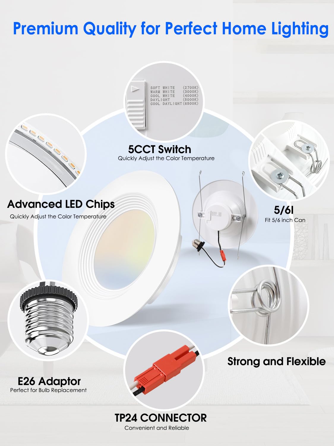 12 Pack 5/6 Inch 5CCT LED Recessed Light Retrofit, 2700K/3000K/4000K/5000K/6500K Selectable Downlight, Dimmable Can Lights with Metal Baffle Trim, CRI 90, 10.5W=85W, E26 Base, IC & Wet Rated, ETL&FCC