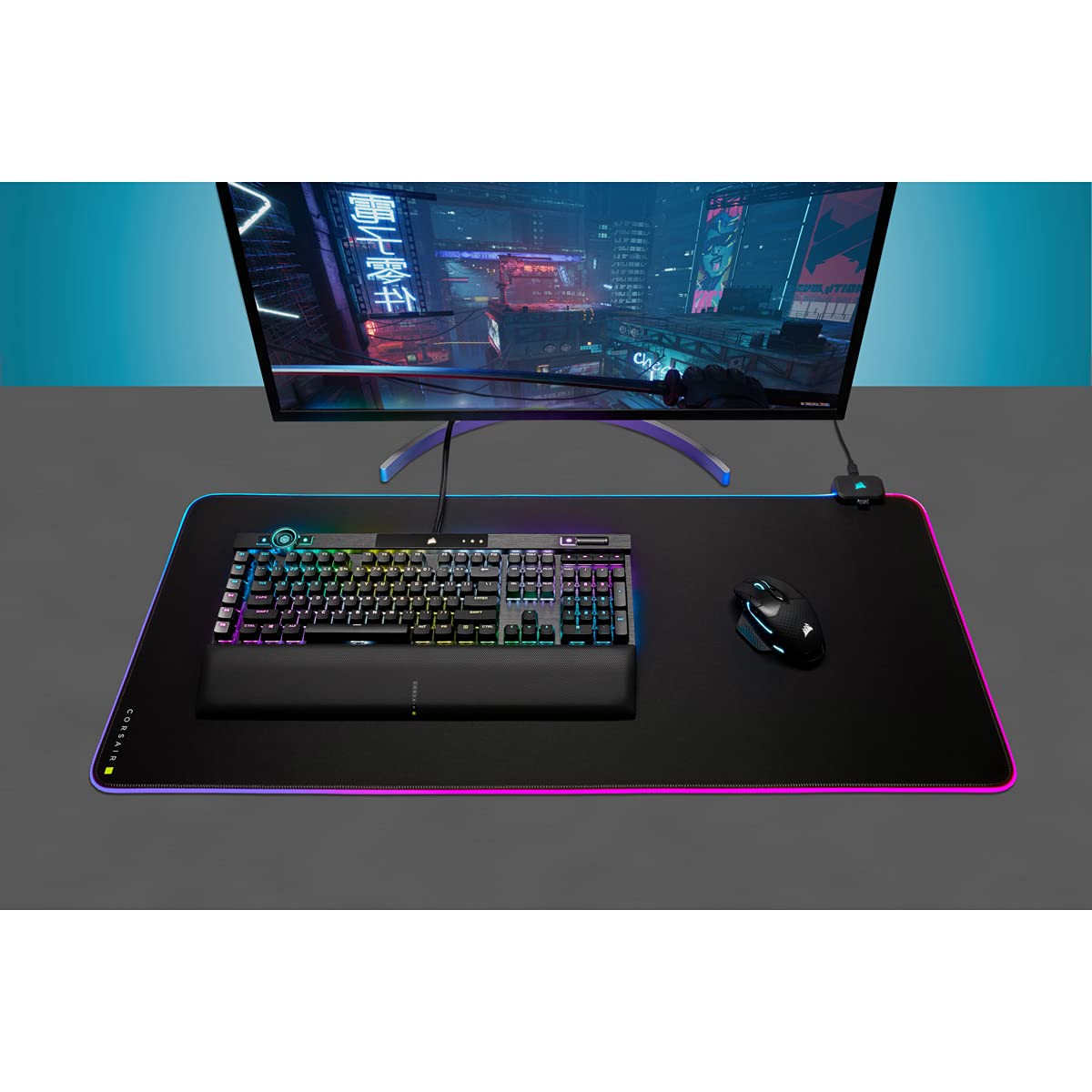 Corsair MM700 RGB Extended Cloth Gaming Mouse Pad - 36.6" x 15.8" - 360° RGB Lighting - Two USB Port Hub - Thick Rubber - Black