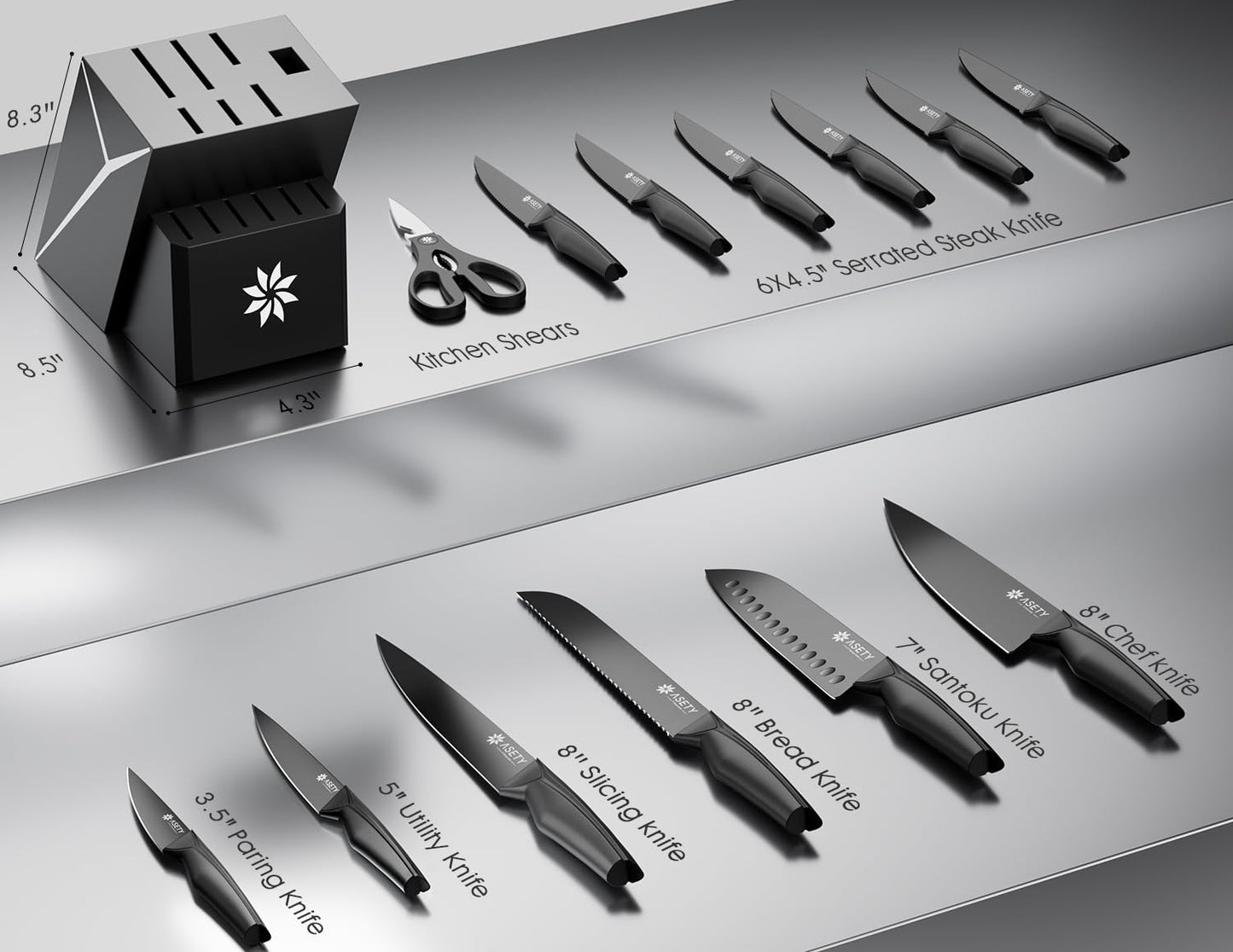 Kitchen Knife Sets with Block -15 PCS Knife Set with Bulti-in Sharpener, Dishwasher Safe, Stainless Steel Kitchen Knife with Ergonomic Handles, Sharp knives for Men and Women,Fathers day, Black
