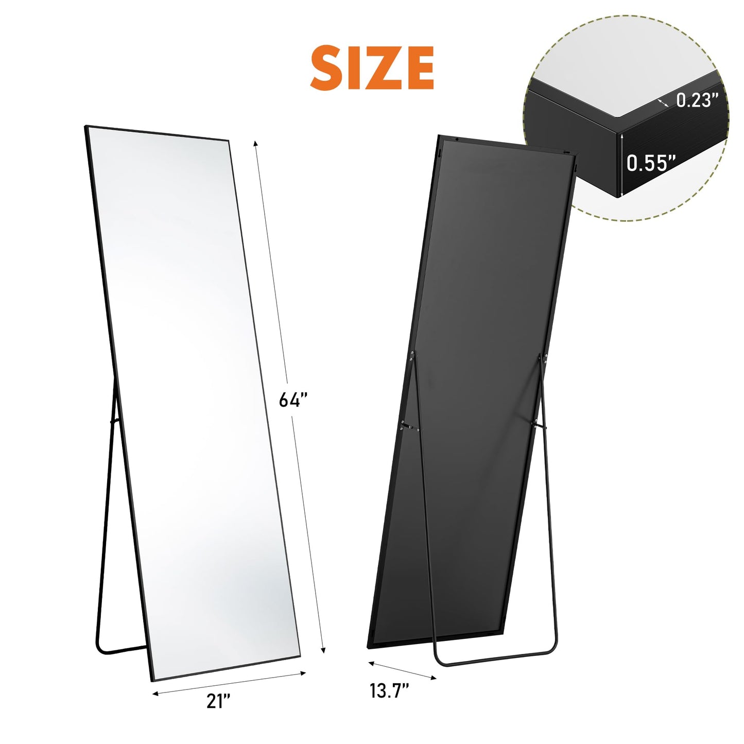 DUMOS Full Length Mirror 64"x21" Full Body Floor Mirrors for Bedroom or Cloakroom, Can Stand Alone, Hang or Lean Against Wall, Tall Wall Mirror with Stand, Black
