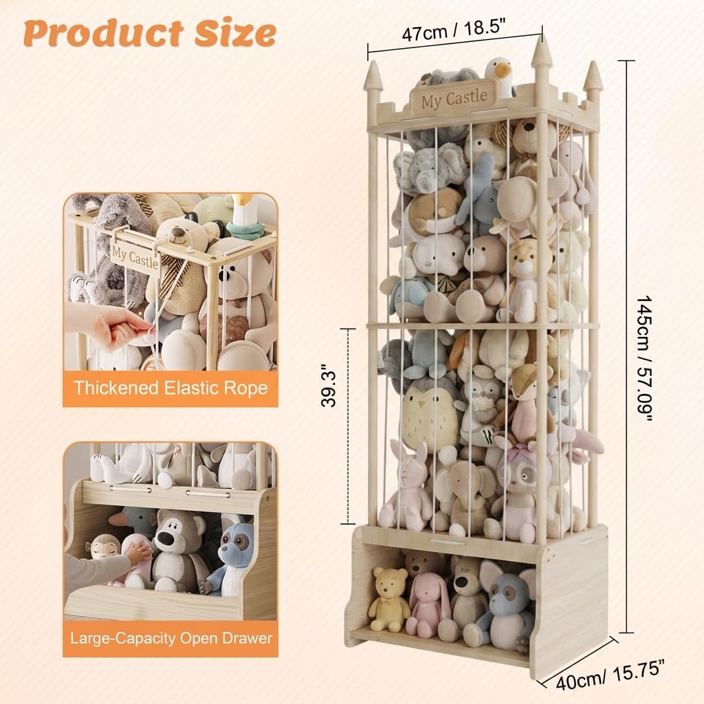 Topbooc Knot-Free Wooden Stuffed Animal Storage Tower with Pre-Installed Cords, Montessori Stuffed Animal Zoo Furniture with Castle Top & Toy Chest, 57" Hand-Sanded Natural Wood (Montessori Castle)