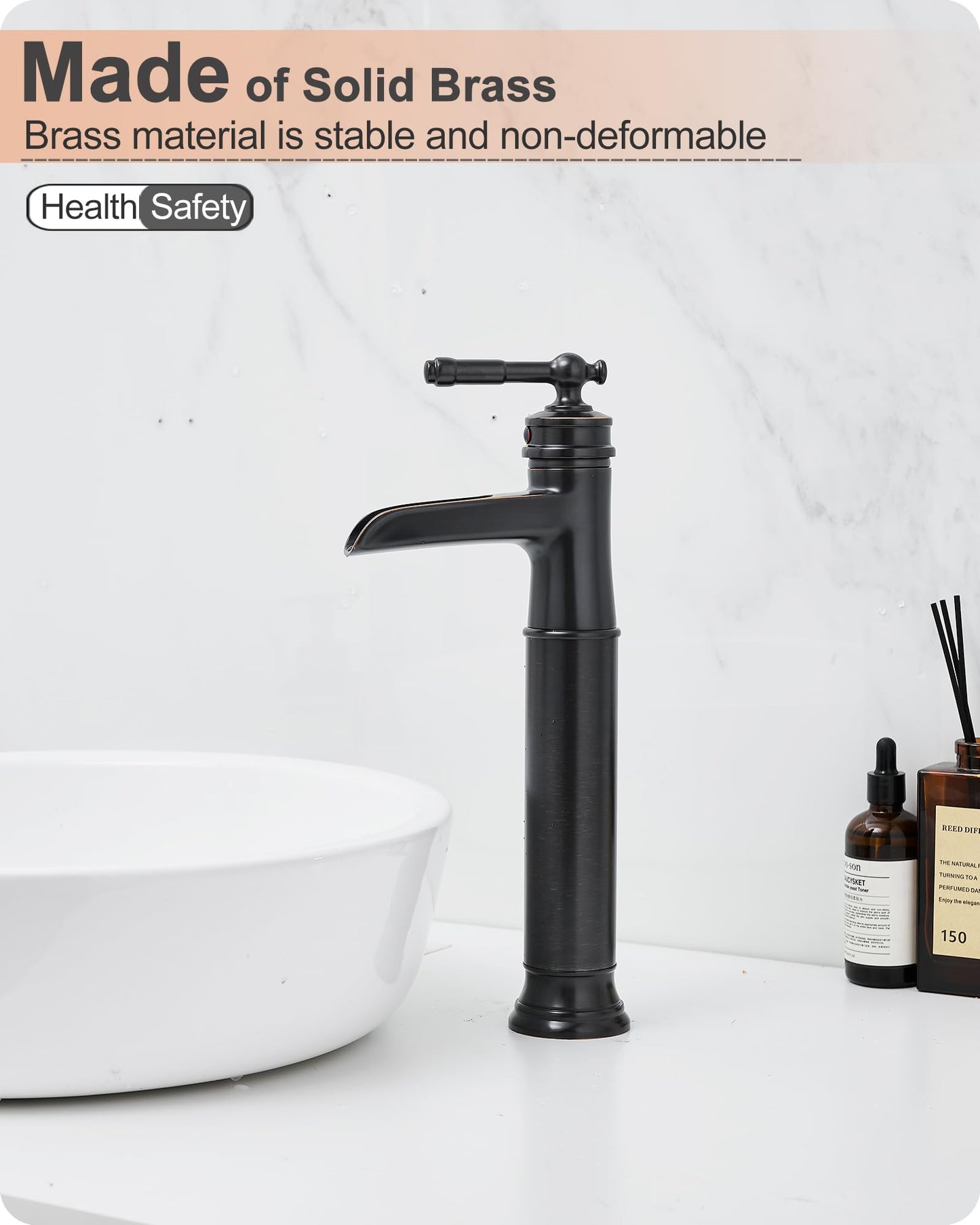 HOIGY Brass Vessel Sink Faucet Oil Rubbed Bronze, Waterfall Tall Bathroom Faucet 1 Hole with Single Handle, Pop-Up Drain & Water Hose for Farmhouse Vanity Restroom Vessel Bowl Sink, 5 Mins Install