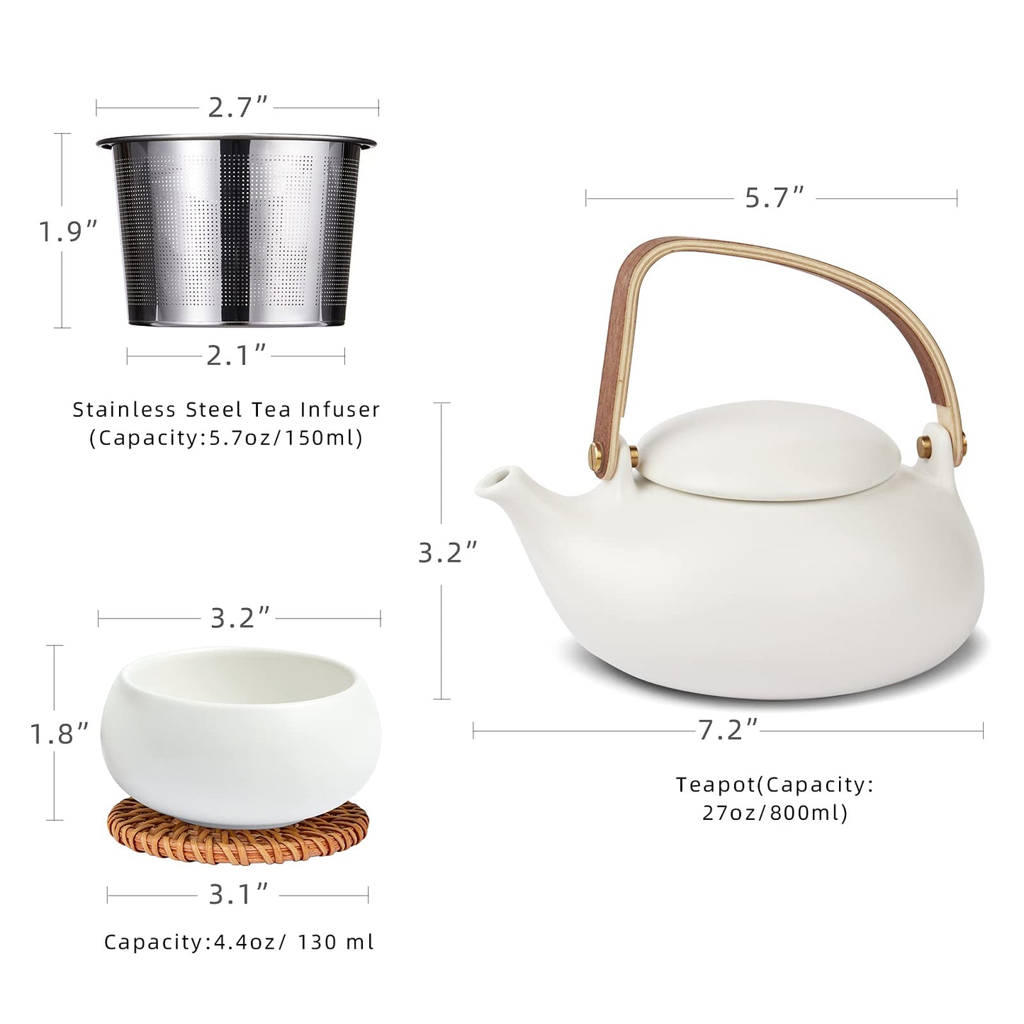 ZENS Modern Japanese Tea Set, 27 oz Ceramic Japanese Teapot with Fine Stainers and 4 Cups for Loose Leaf Tea Steeper, Wood Handle Matte Japanese Teapots Hot Tea Brewer for Tea Party Women Gifts