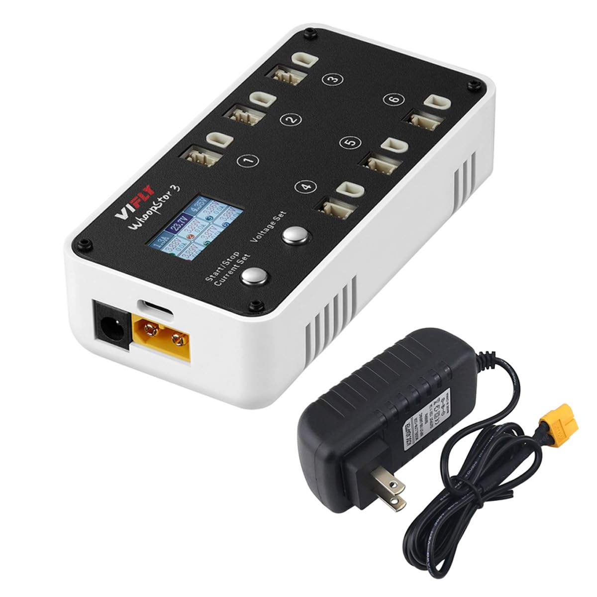 SoloGood VIFLY WhoopStor 3 V3 Battery Charger 6 Ports 1S LiPo Charger Discharger Storage Memory Function for Tinywhoop BT2.0 PH2.0 Come with AC to DC Power Adapter