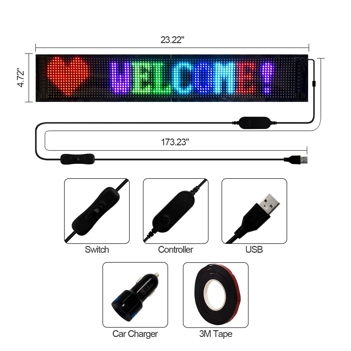 HOIOS LED Programmable Sign USB 5V LED Digital Sign Huge Bright Scrolling LED Sign for Store Car Window 23.22x4.72"