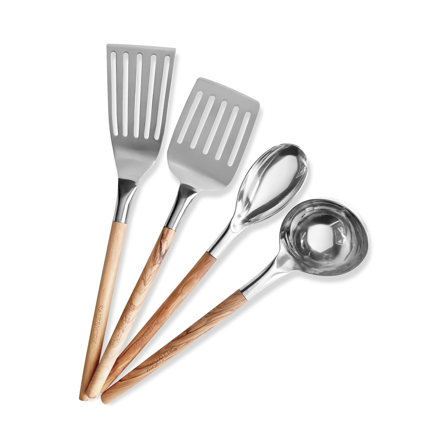Premium Cooking Utensil Set – Salt & York 4-Piece Olive Wood and Stainless Steel Non-toxic Kitchen Tools with Handcrafted Wooden Handles – Spatula, Ladle, Spoon – Gift for Home Cooks, Kitchen Gift