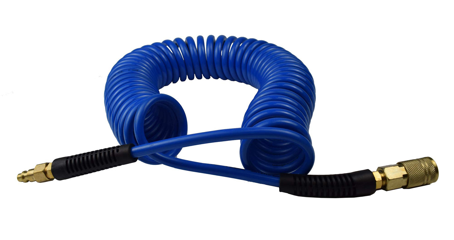 YOTOO 2 Pack Polyurethane Recoil Air Hose, Air Compressor Hose 1/4" Inner Diameter by 25' Long with Bend Restrictor, 1/4" Industrial Quick Coupler and Plug, Blue
