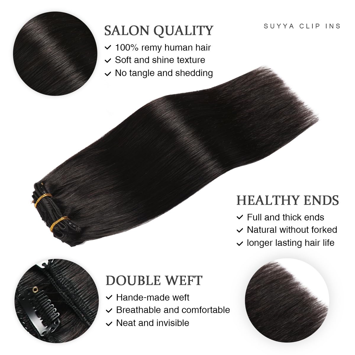 SUYYA Clip in Hair Extensions Real Human Hair,Hair Extensions Clip ins Straight Human Hair Clip ins Double Weft Natural Black Human Hair Clip in Extensions 7pcs 120g (20 inches #1B Off Black)