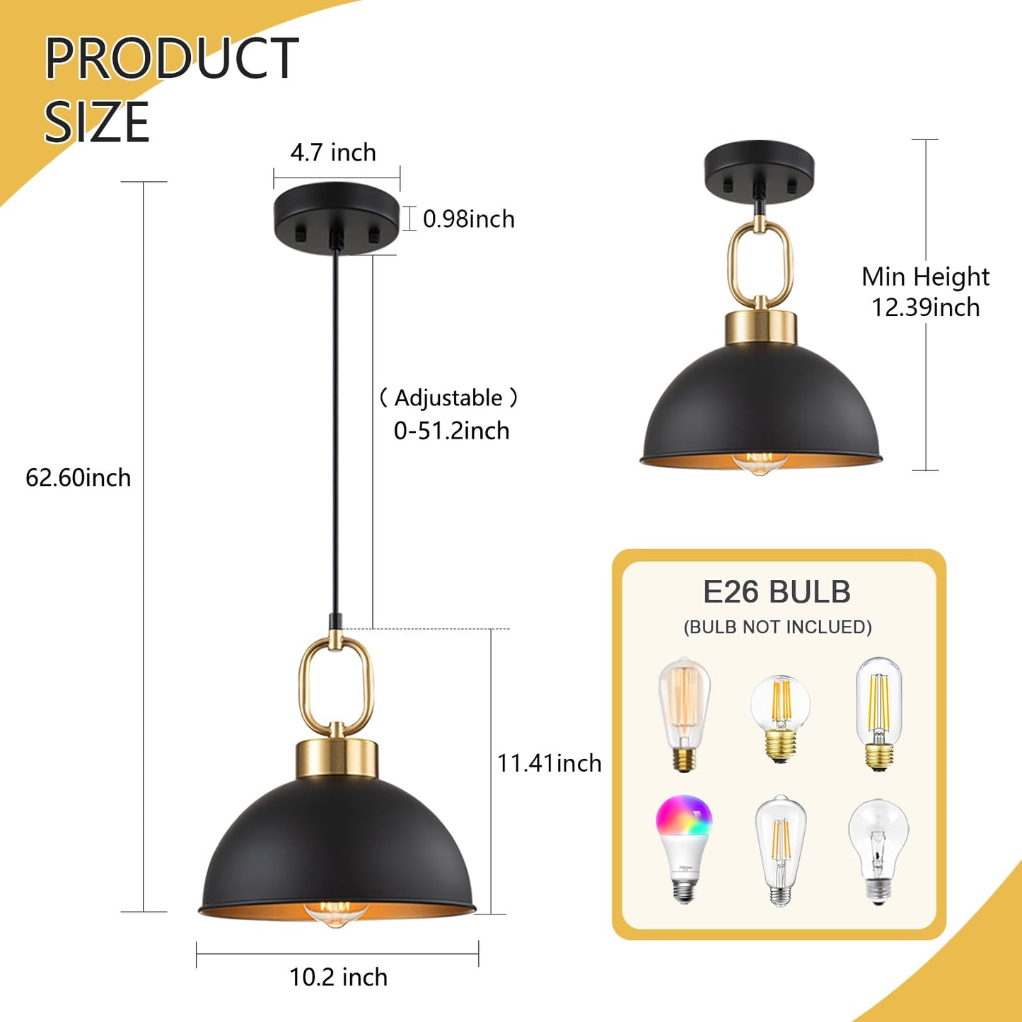 TinHon 2 Pack Black Pendant Lights Kitchen Island, 10'' Farmhouse Industrial Pendant Light Fixtures, Adjustable Height Modern Dome Hanging Light for Kitchen Dining Room Entryway Bar