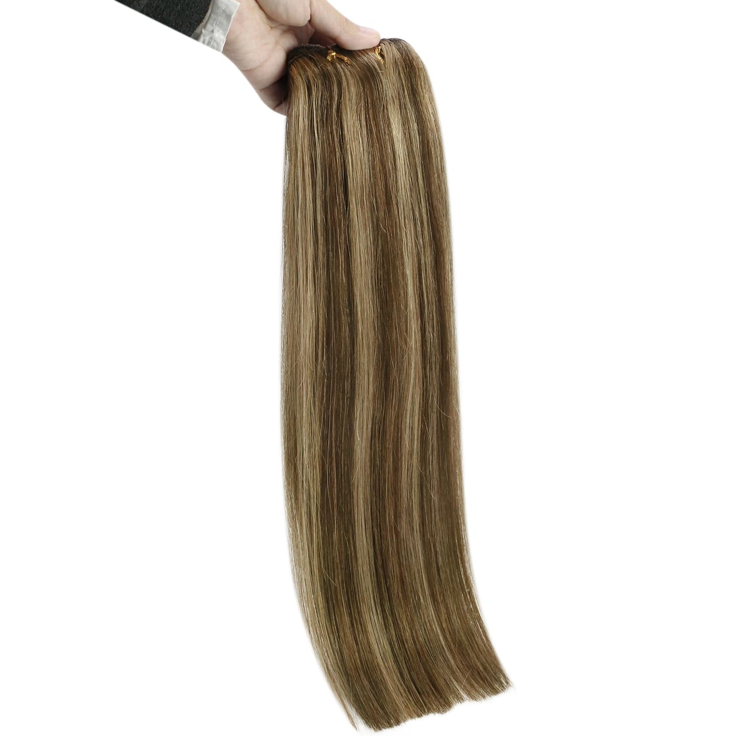 Sunny Weft Hair Extensions Dark Brown with Caramel Blonde Highlights Human Hair Sew in Extensions Brown Weft Hair Extensions Human Hair Brown Blonde Real Hair Bundle for Wedding 20inch 100g