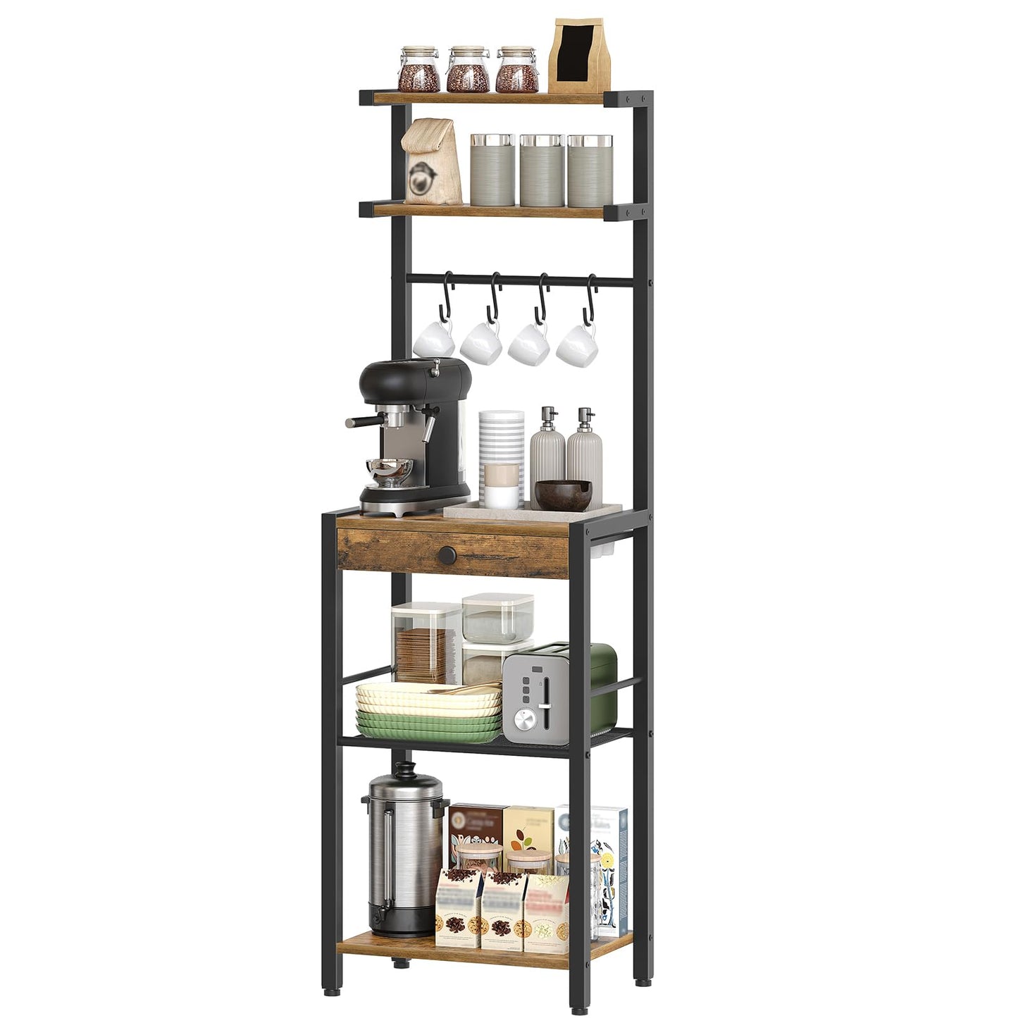 YATINEY Bakers Rack, 5-Tier Coffee Bar Station, Coffee Stand with Pod Drawer Holder, Versatile Kitchen Storage Rack with 4 Hooks, for Living Room, Cafe Corner, Rustic Brown and Black KF01BRY1