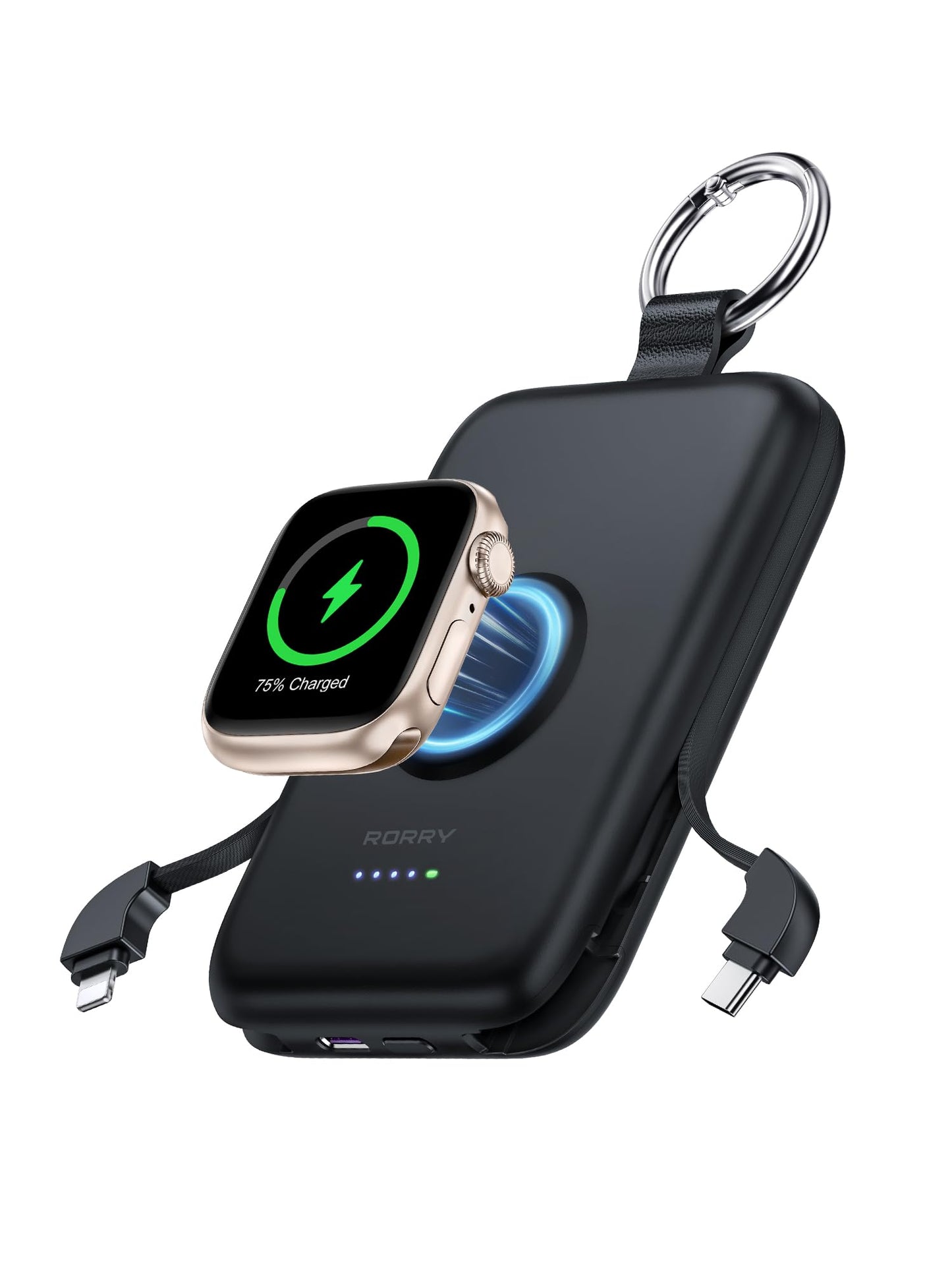 RORRY Portable Charger, 10000mAh PD 20W Fast Charging Portable Charger Power Bank with Built in Cables, Travel Battery Pack for iPhone 17/16/15/14/13/12 and Apple Watch Ultra/11/10/9/8/7/6/5, Black