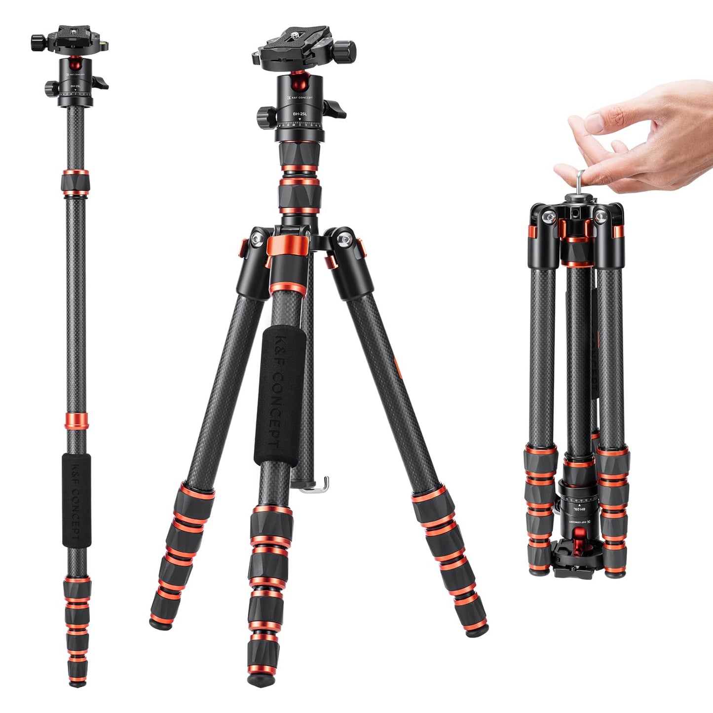 K&F Concept 60 inch Carbon Fiber Camera Tripod,Super Lightweight Compact Travel Tripod with 360 Degree Ball Head,Quick Release Plate,Detachable Monopod 8KG Load Capacity for SLR DSLR C225C0 (BA225)