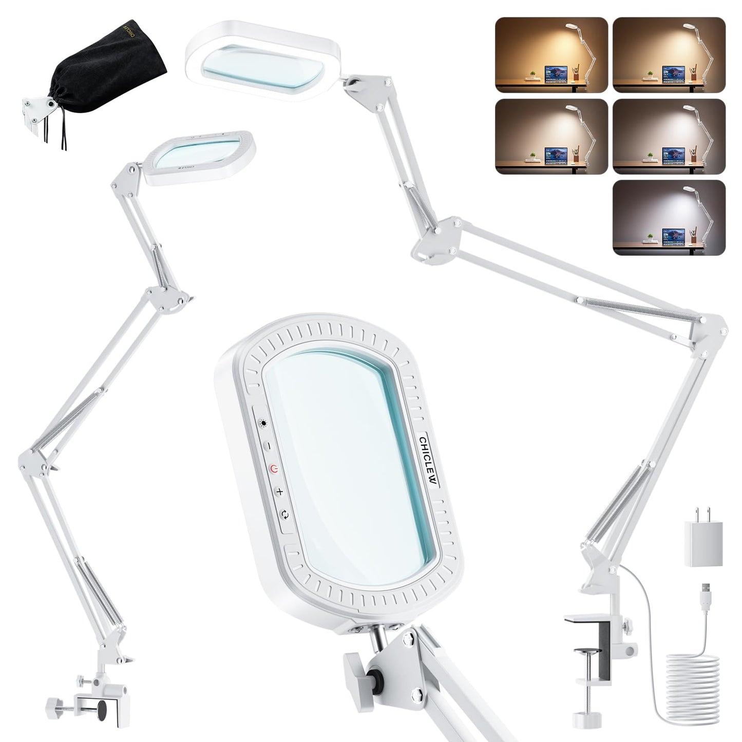 10X Square Magnifying Glass with Light, 3 Arms Table Lighted Magnifying Glasses Lamp with Clamp Hands Free for Reading Crafts Jewelry Repair Painting Close Work Hobbies, 5 Colors 10 Brightness