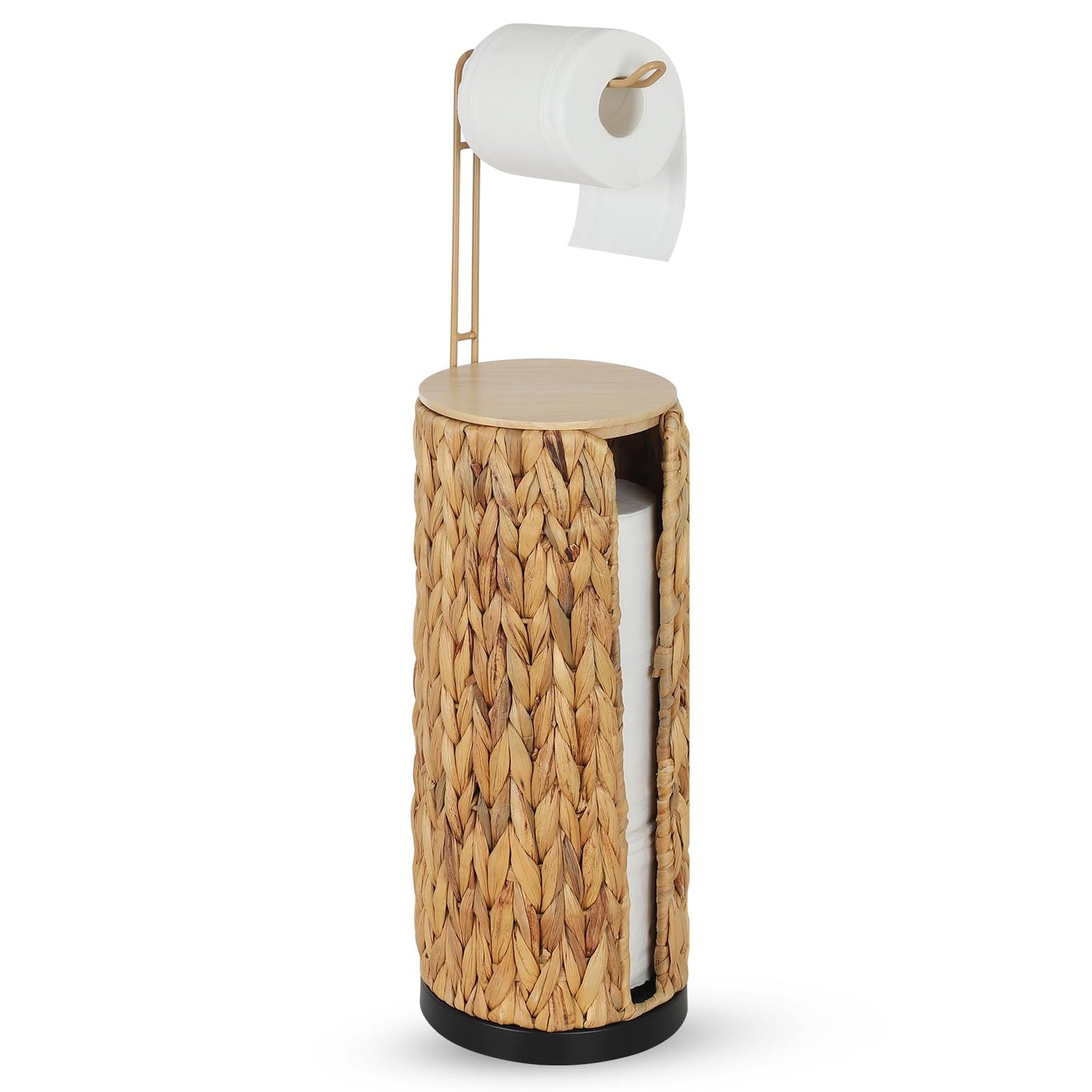 Freestanding Toilet Paper Holder with Storage,3 Rolls of Tissue Holder for Bathroom,Handmade Woven Toilet Paper Roll Holder Stand,Water Hyacinth Boho Bathroom Decor Farmhouse Toilet Paper Storage