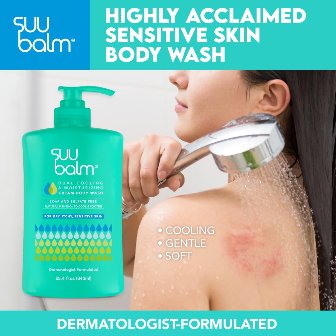 Suu Balm Rapid Itch Relief Eczema & Psoriasis Body Wash, Gentle Cooling & Moisturizing for Dry Itchy Sensitive Skin, Derm-Formulated with Menthol & Shea Butter, Sulfate & Fragrance Free, 28.40 fl oz