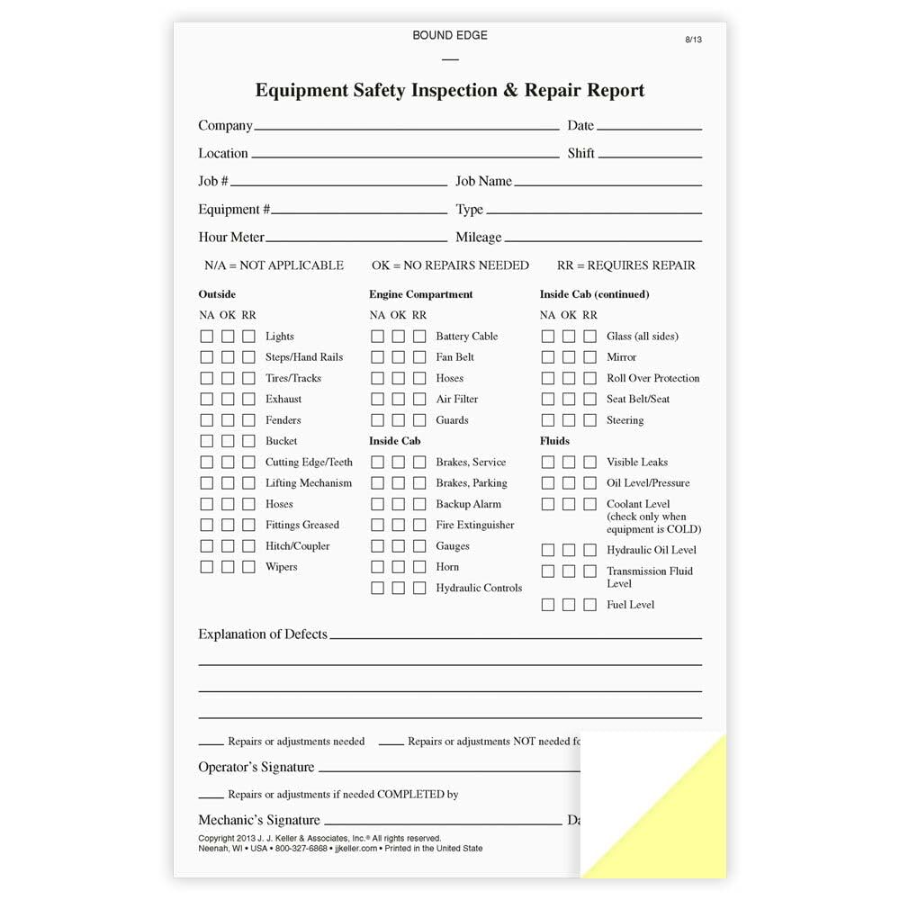 Equipment Safety Inspection Report 10-pk. - Book Format with 31 Sets, 2-Ply, Carbonless, 5.5" x 8.5", J. J. Keller & Associates, Inc.