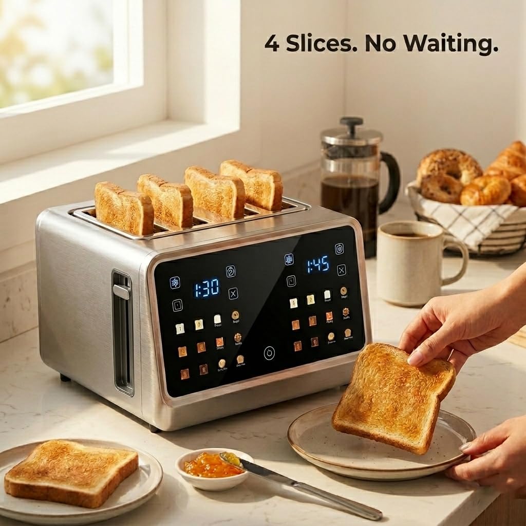 DEAR MORNING 4 Slice Touch Screen Toaster with LCD Display Stainless Steel Digital Toasters 6 Bread Types& 6 Shade Settings Smart Extra Wide Slots Toaster With Bagel Cancel Defrost Reheat Functions