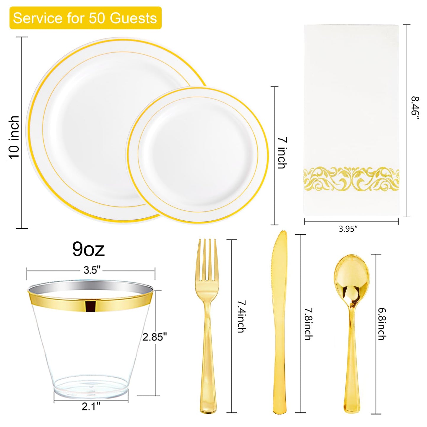 I00000 350Pcs Gold Dinnerware Set for 50 Guests, Gold Plastic Plates for Party, Include: 100 Disposable Plastic Plates, 50 Paper Napkins, 50 Cups, 50 Silverware Set Perfect for Party & Wedding