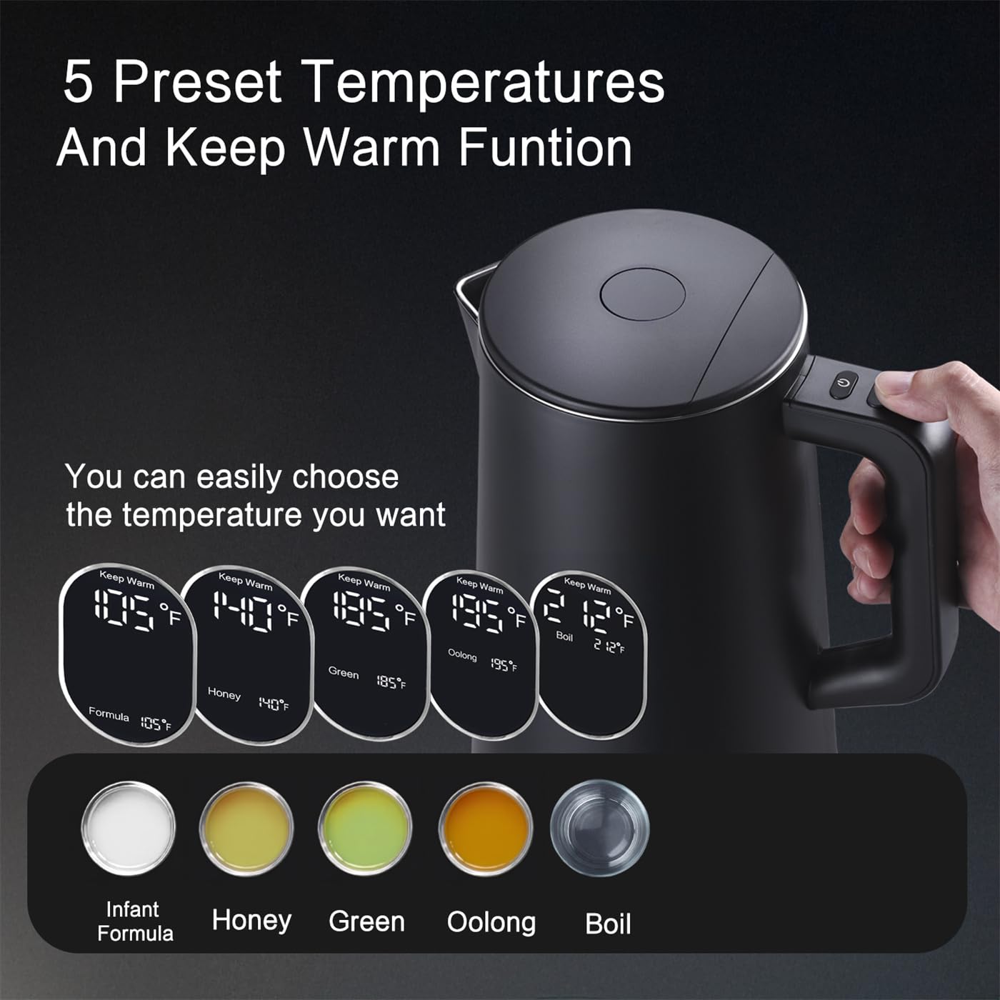 QUAXWELL 1.5L Electric Kettle Stainless Steel, Double Wall Cool Touch Teapot, Fast Boil,5 Temperature Control, LED Display, Auto Shut-Off, BPA-Free,Keep Warm Function, Ideal for Tea & Coffee,Black