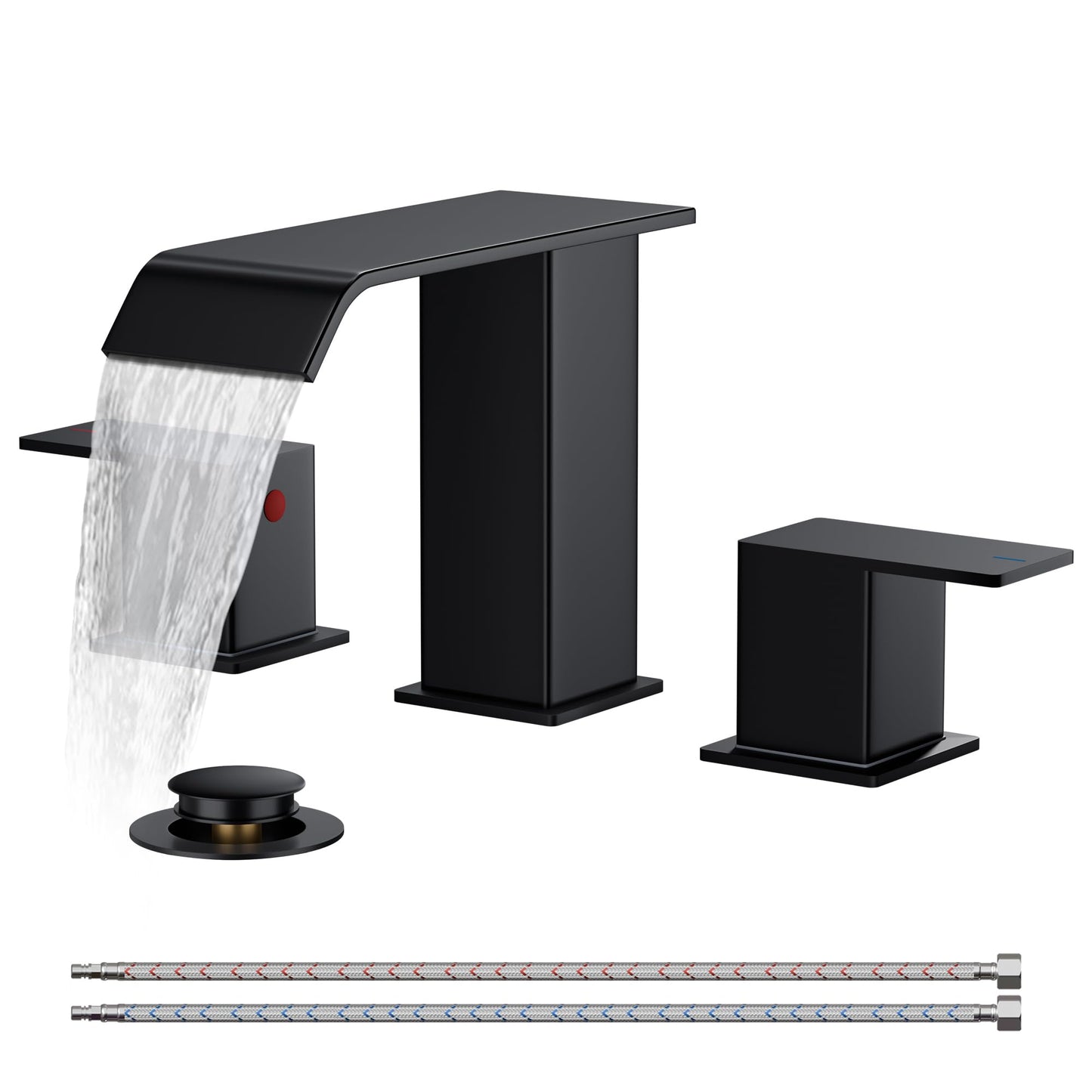 FORIOUS Matte Black Waterfall Bathroom Faucets 3 Hole, 8 Inch Widespread 2 Handles Bathroom Sink Faucet with Pop-up Drain and Flexible Hot and Cold Water Hoses, Suitable for Vanity RV Restroom