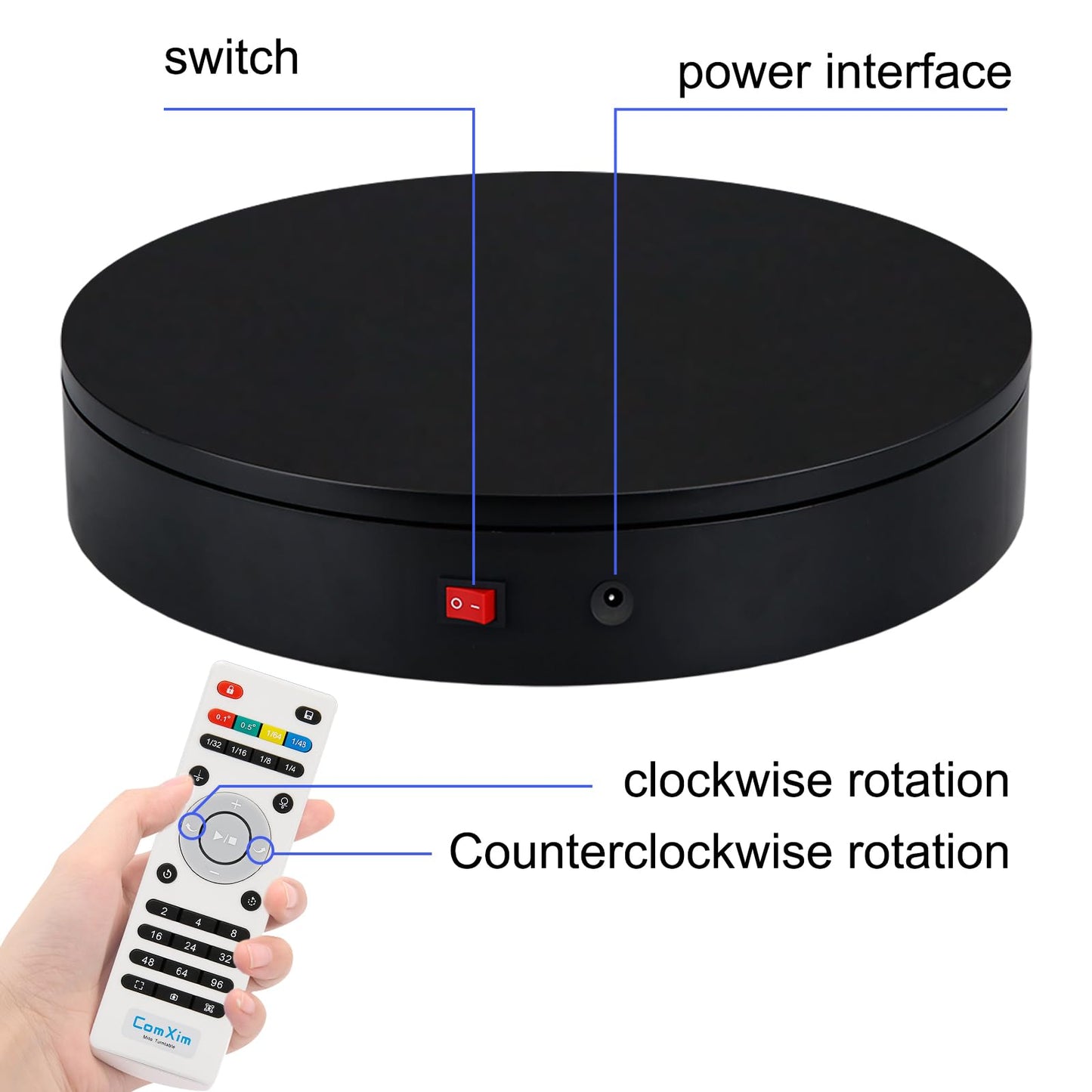 ComXim 360 Degree Motorized Rotating Display Stand for Display,Automatic Electric Turntable with Remote Control 88-200Lbs Load,12.6in, Photography Turntable to Control Angle, Speed and Direction