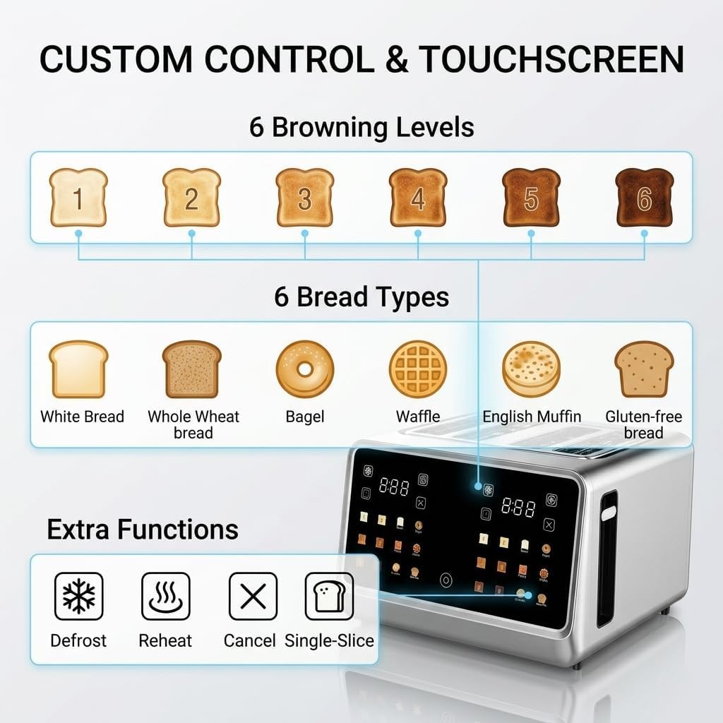DEAR MORNING 4 Slice Touch Screen Toaster with LCD Display Stainless Steel Digital Toasters 6 Bread Types& 6 Shade Settings Smart Extra Wide Slots Toaster With Bagel Cancel Defrost Reheat Functions