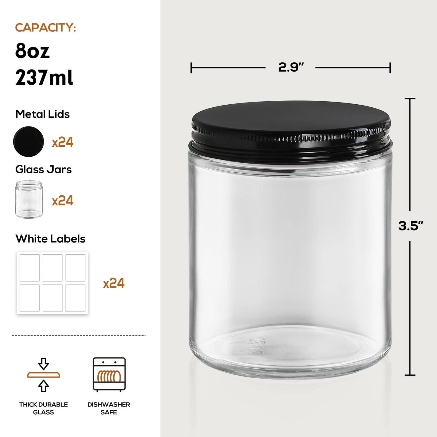 24 Pack, 8 OZ Thick Glass Jars with Metal Lids, Clear Round Candle Making Jars,Empty Food Storage Containers, Mason Canning Jar For Spice, Powder, Liquid, Sample, Lotion, Cosmetic,Dishwasher Safe