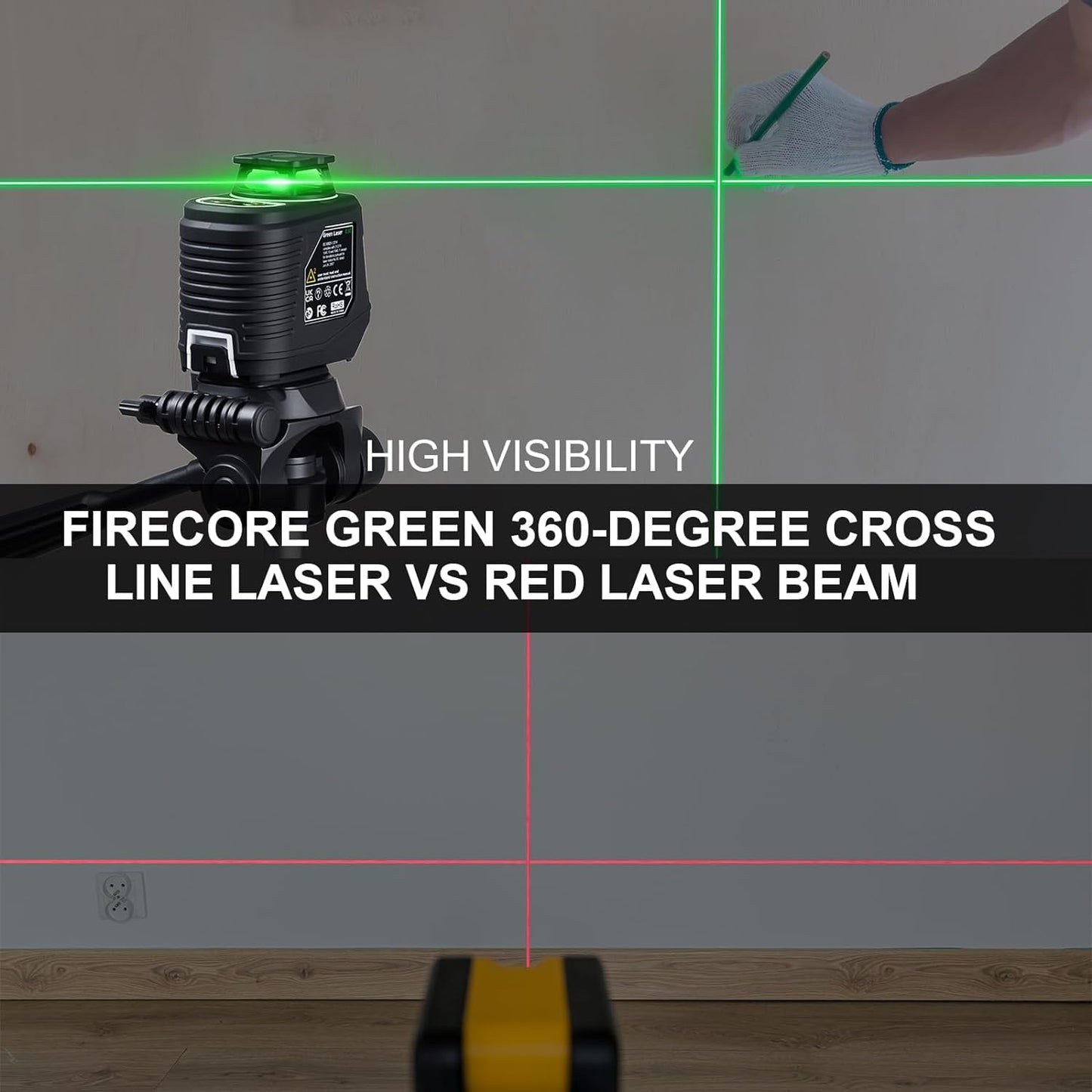 Laser Level with Tripod, Firecore 360° Self Leveling Cross Line Laser Level with Pluse Mode, Green Lazer Leveler tool for Hanging Pictures Wall Tile Construction, L-Bracket & Carry Pouch Included