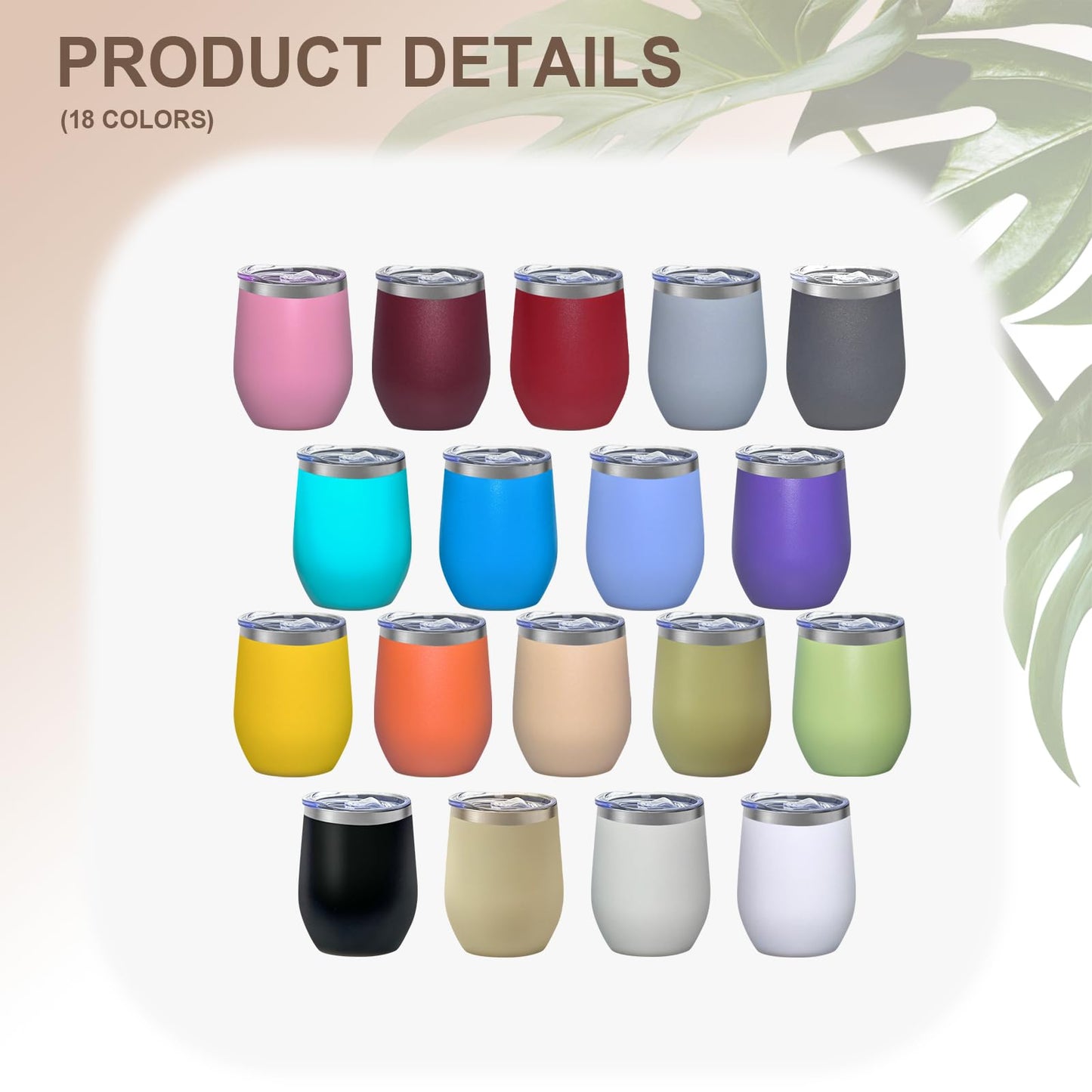 18 Pack Stainless Steel Wine Tumbler with lid, 12oz Insulated Powder Coated Wine Tumbler Stemless Double Wall Vacuum Wine Glass Coffee Tumbler Bulk Laser Engrave, DIY Gift, 18 Colors