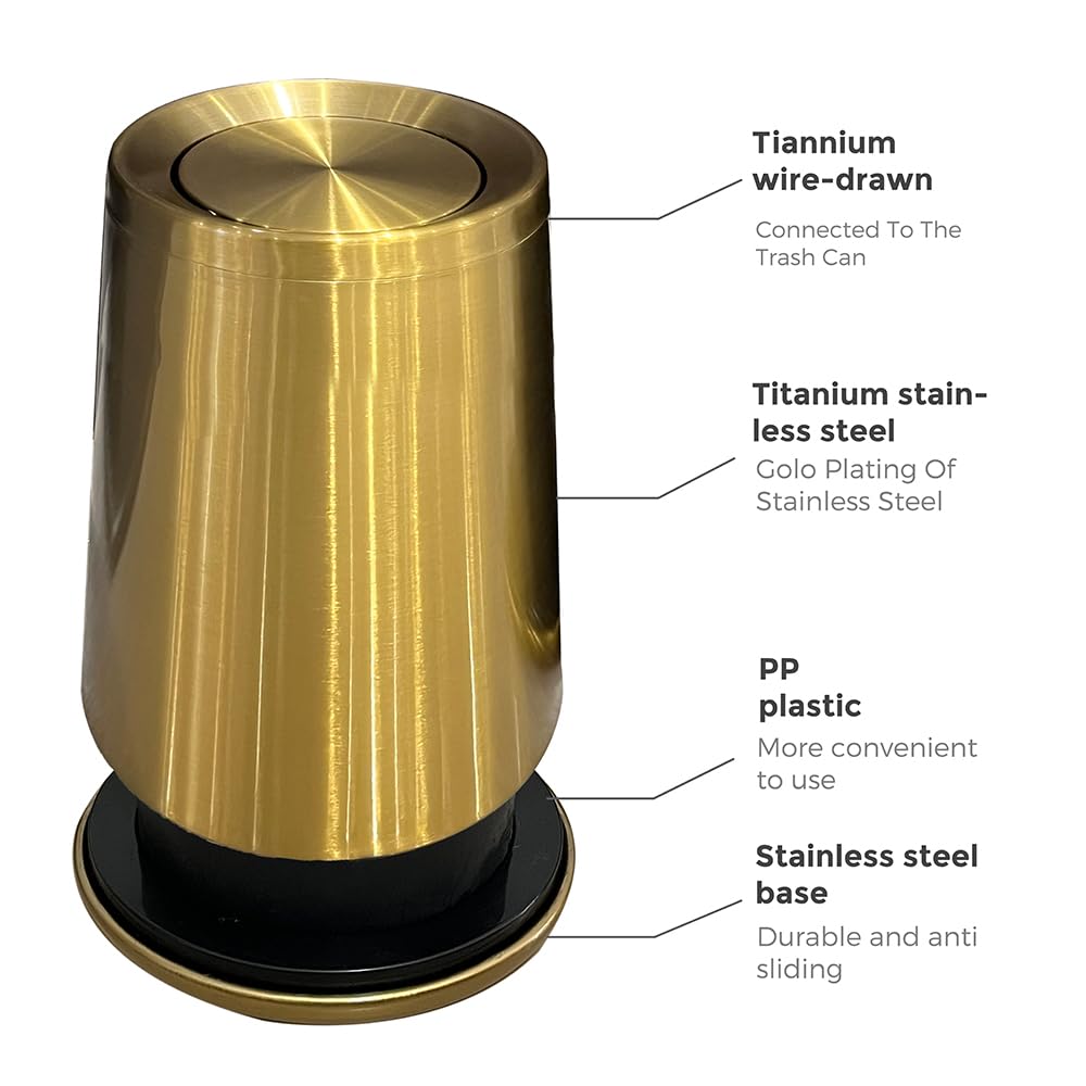 LEASYLIFE 10 L/3 Gallen,Gold Small Trash Can for Bathroom,Brushed Stainless Steel Garbage Can with Flipping Lid,for Bathroom,Living Room,Bedroom,Hotel,Conference Room(Gold)