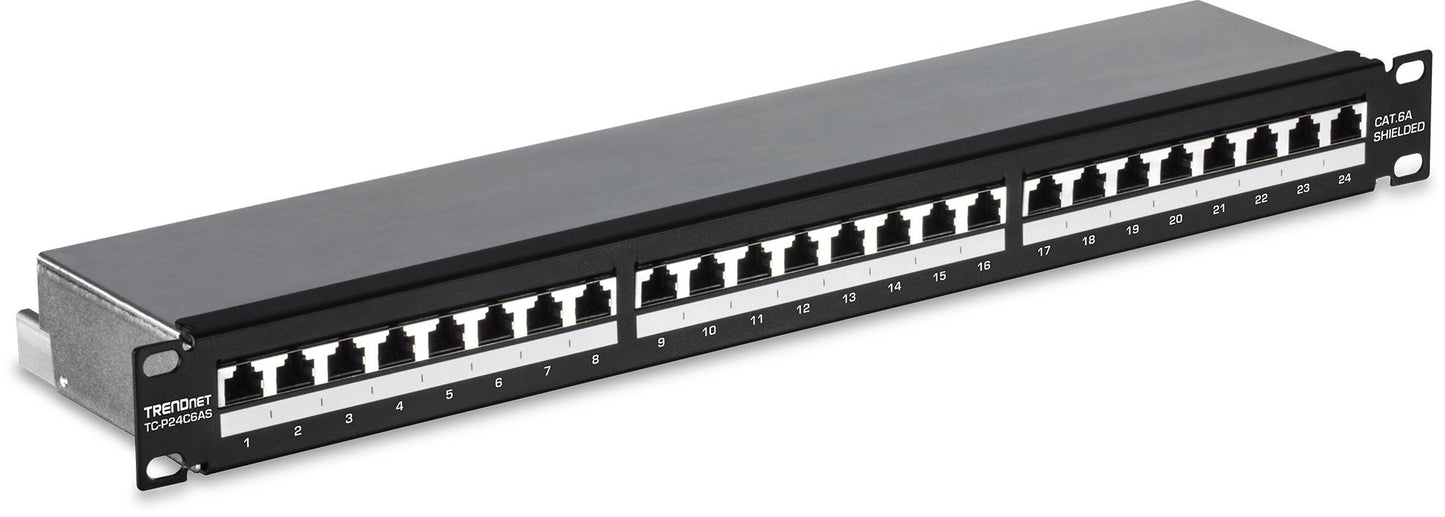 TRENDnet 24-Port Cat6A Shielded Patch Panel, 1U 19" Metal Housing, 10G Ready, Cat5e,Cat6,Cat6A Compatible, Cable Management, Color-Coded Labeling for T568A and T568B Wiring, Black, TC-P24C6AS