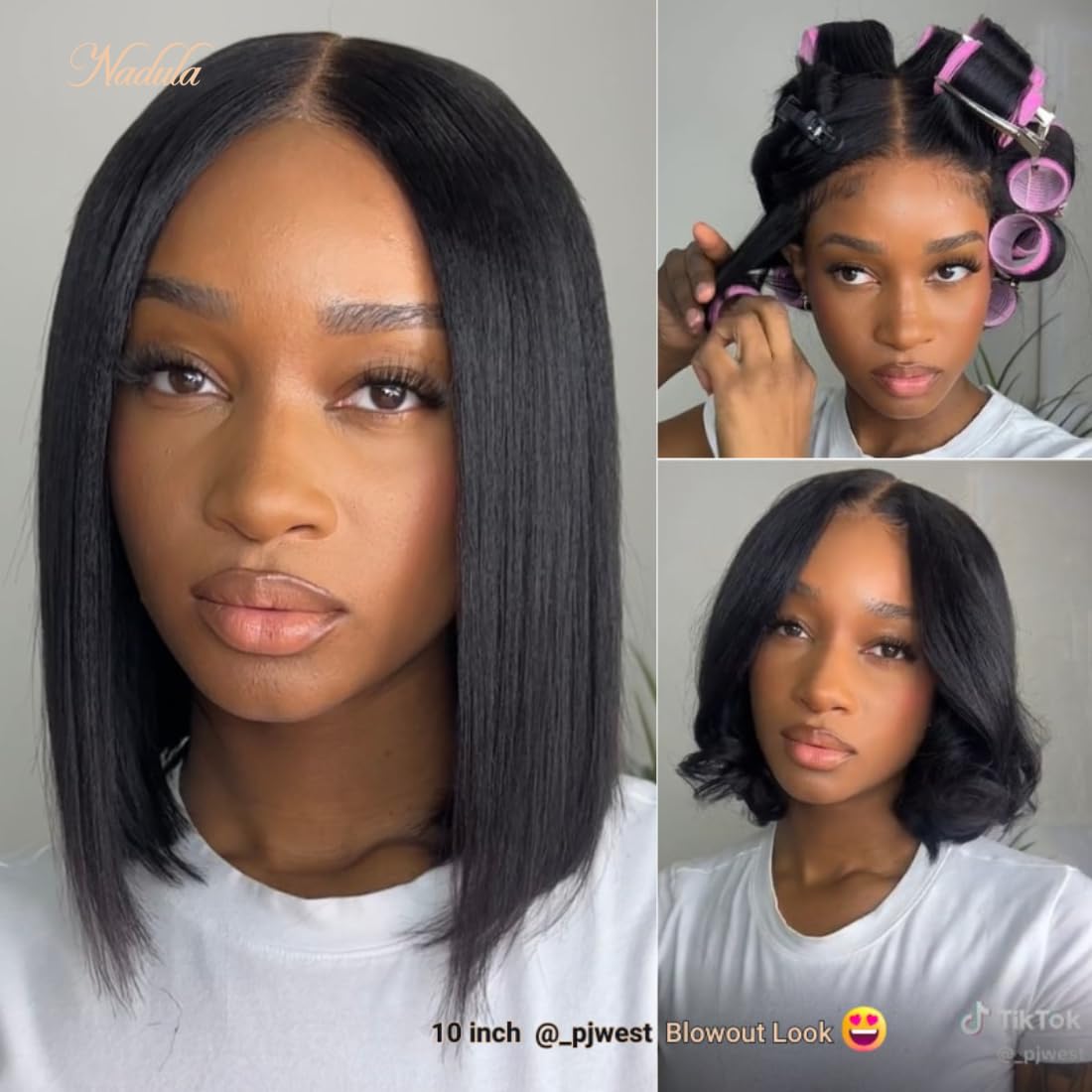 Nadula Bye Bye Knots Glueless Yaki Straight Bob 7x5 Lace Front Wigs Human Hair Pre Plucked Invisible Knots Pre Everything 3S Ready to Wear Short Yaki Bob Wigs Pre Cut 150% Density 14inch